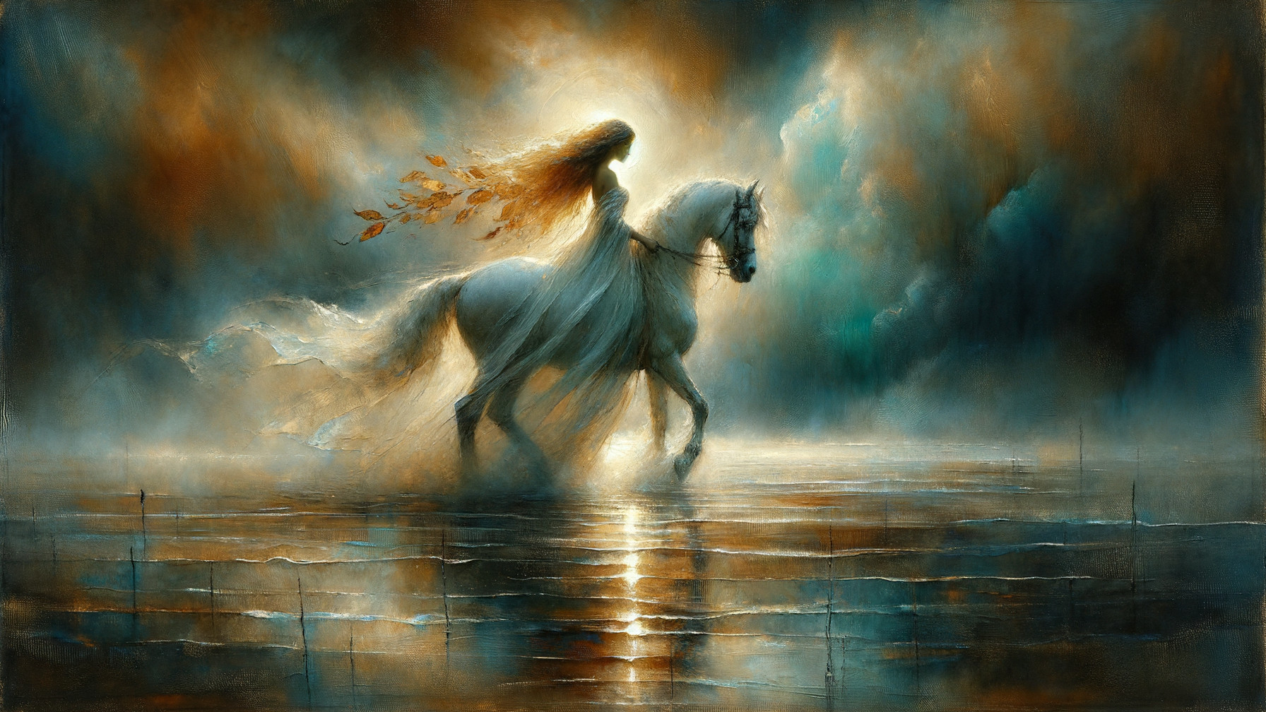 Ethereal Figure on White Horse in Misty Landscape