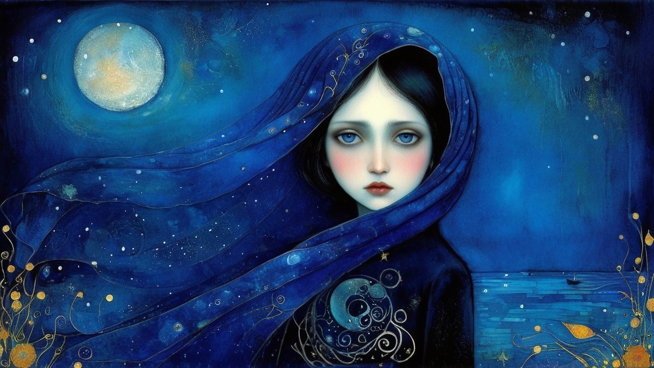 Blue-Toned Painting of Sorrowful Girl in Starry Veil
