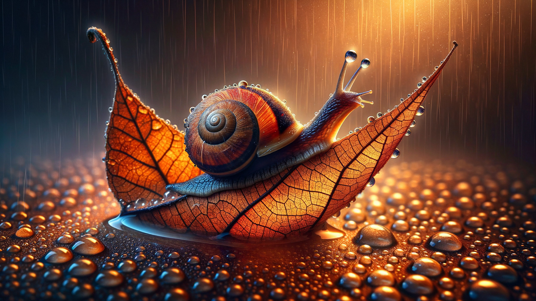 Snail on Orange Leaf with Water Droplets and Light