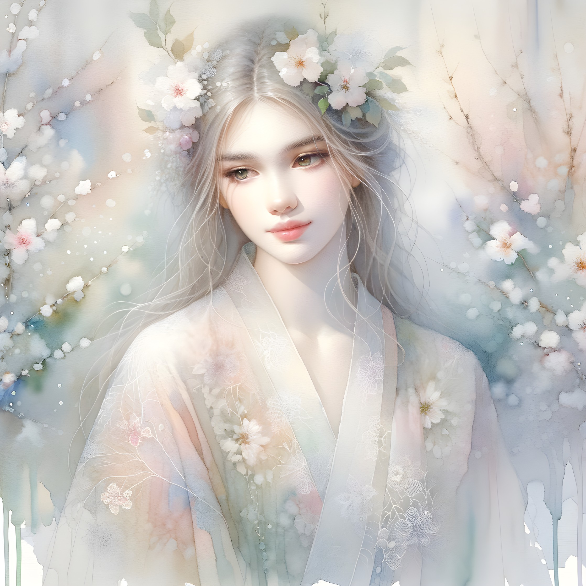 Serene Portrait of a Young Woman in Pastel Kimono