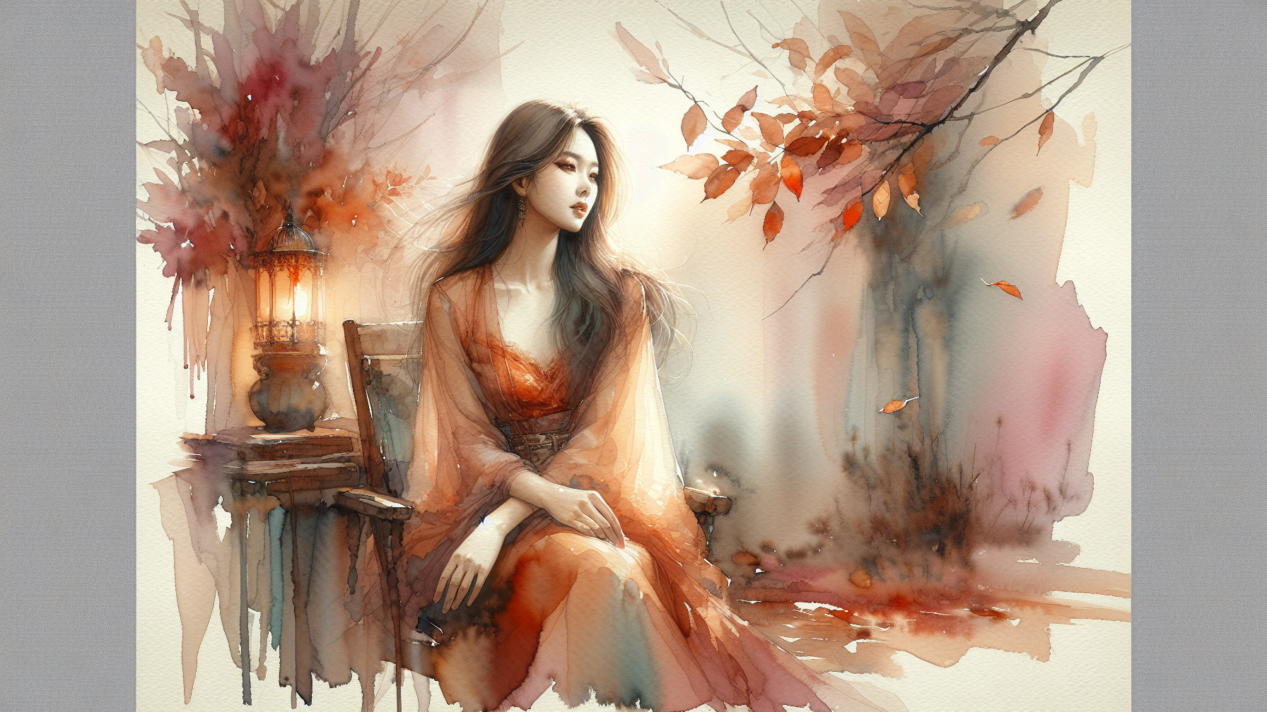 Young Woman in Elegant Gown Amid Autumn Scene