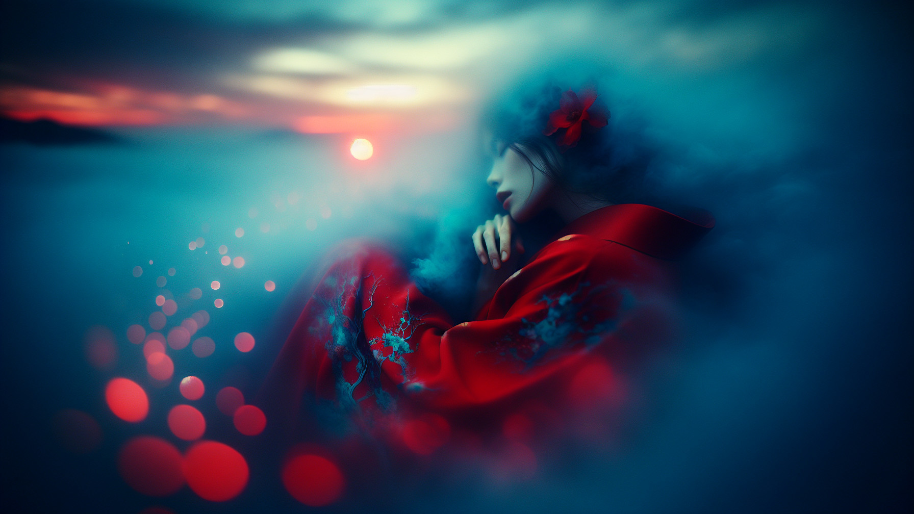 Serene figure in red kimono in misty landscape