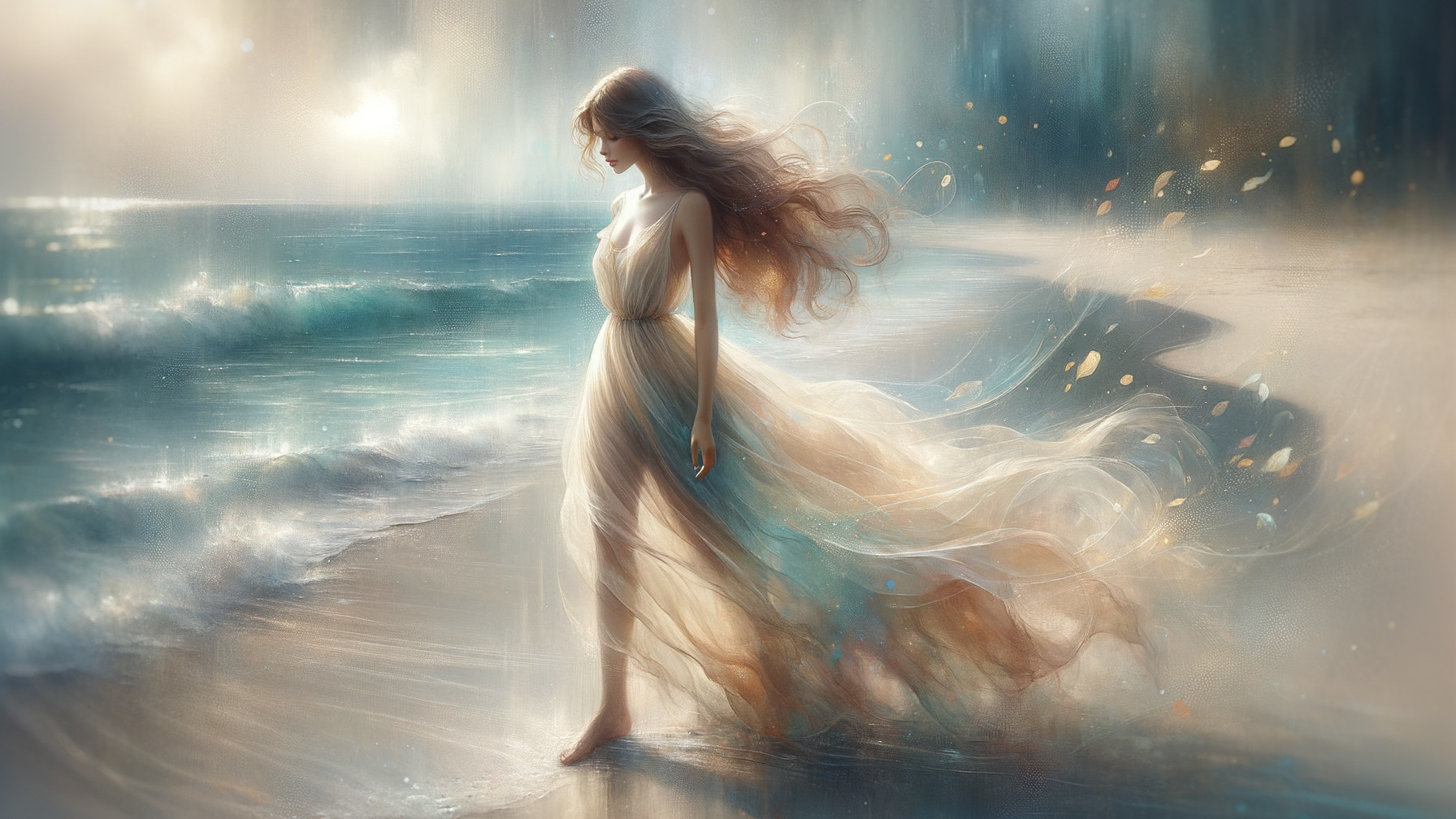 Ethereal woman on serene beach with flowing dress
