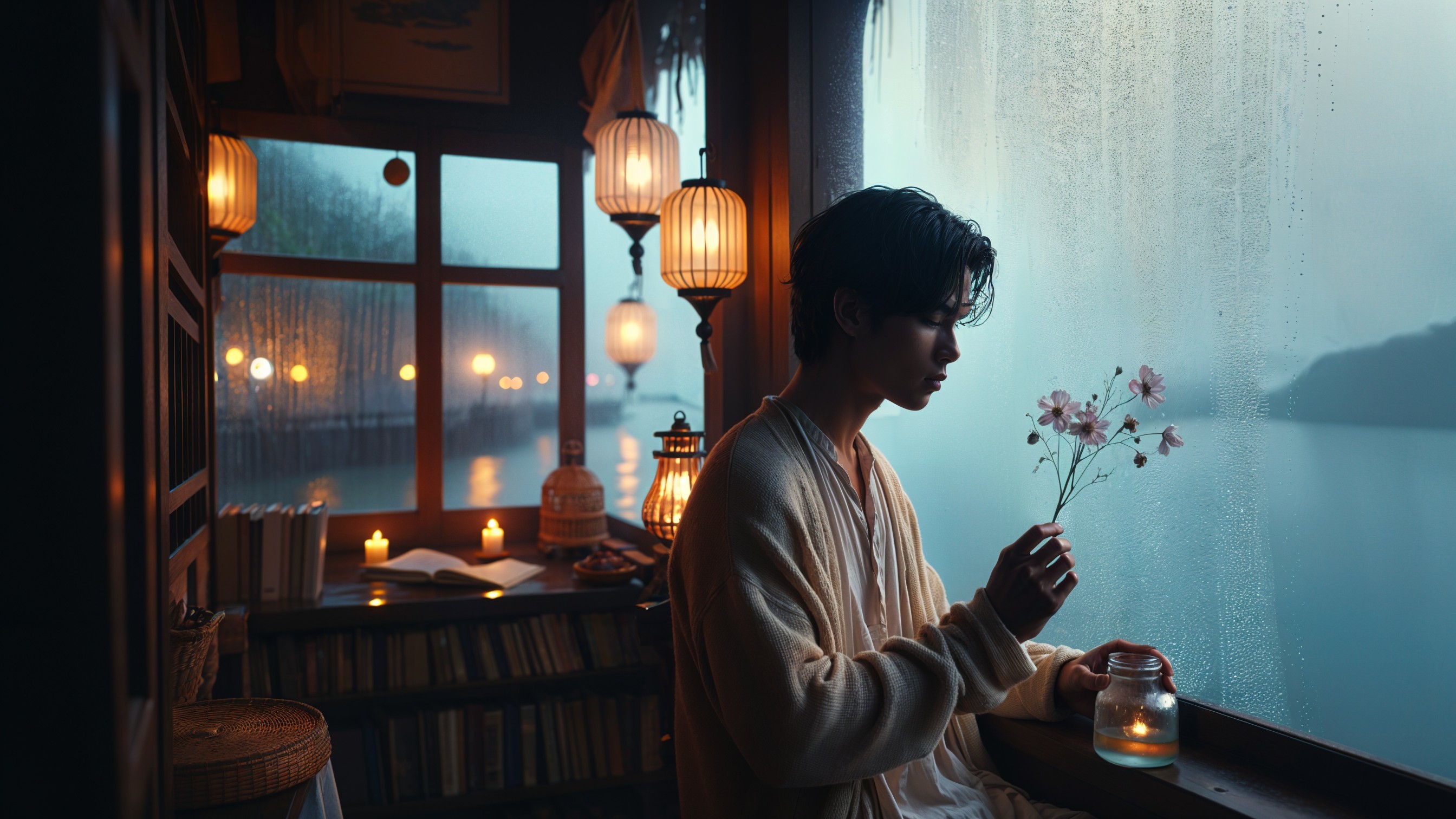 Cozy Room with Rainy Window and Candlelight Glow