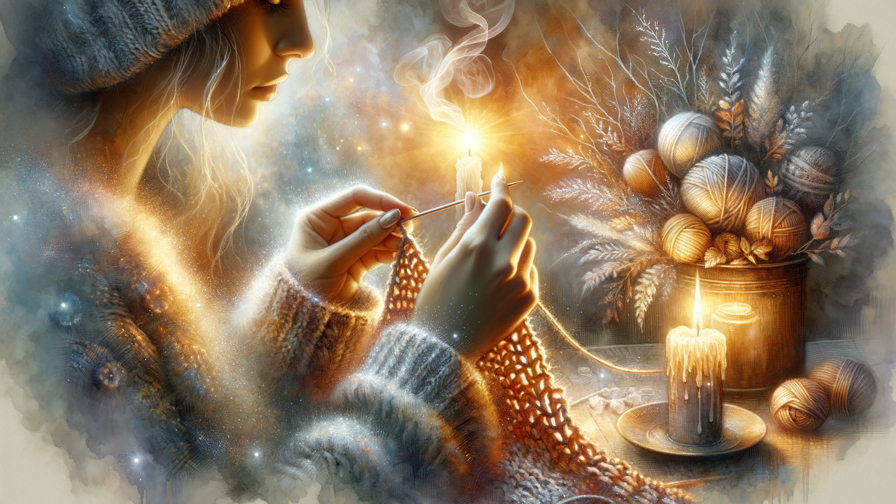 Woman Knitting by Candlelight in a Cozy Atmosphere