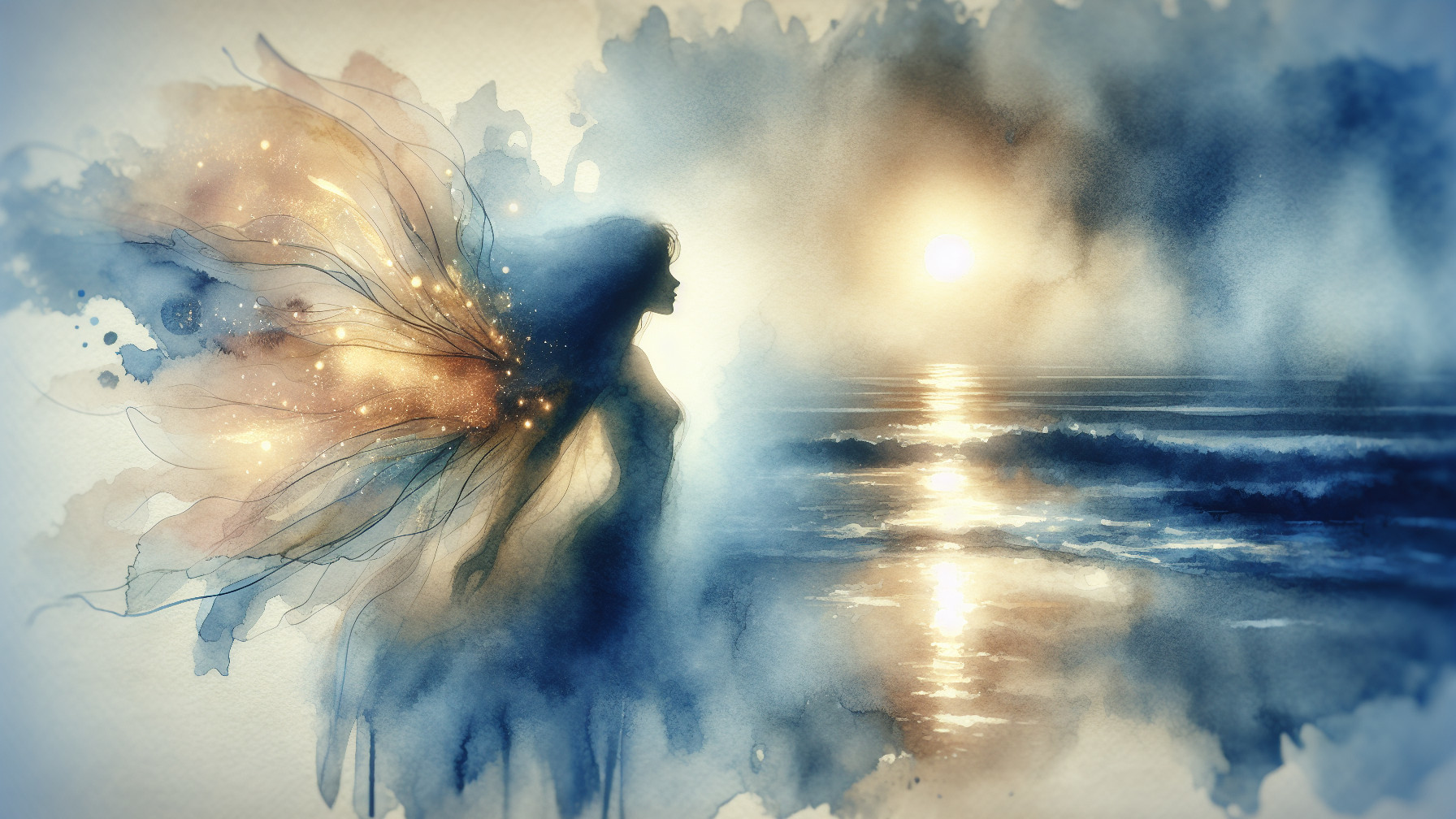 Watercolor Illustration of Ethereal Figure by Ocean