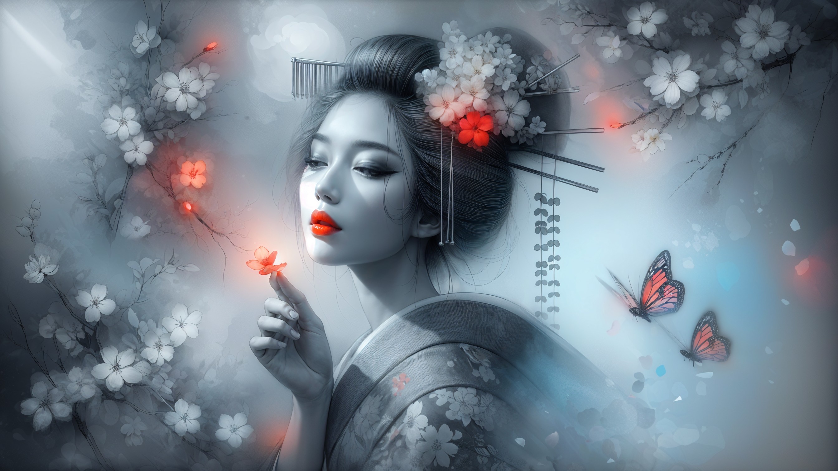 Traditional Attire Woman Amid Cherry Blossoms and Butterflies