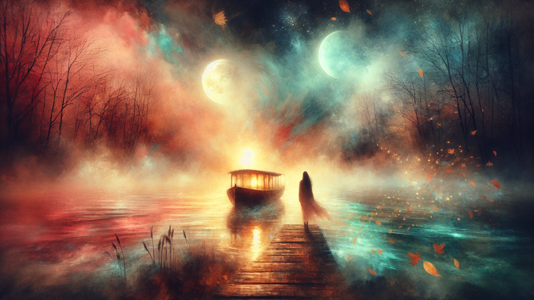 Serene Dusk Scene with Moons and Calm Lake Reflections