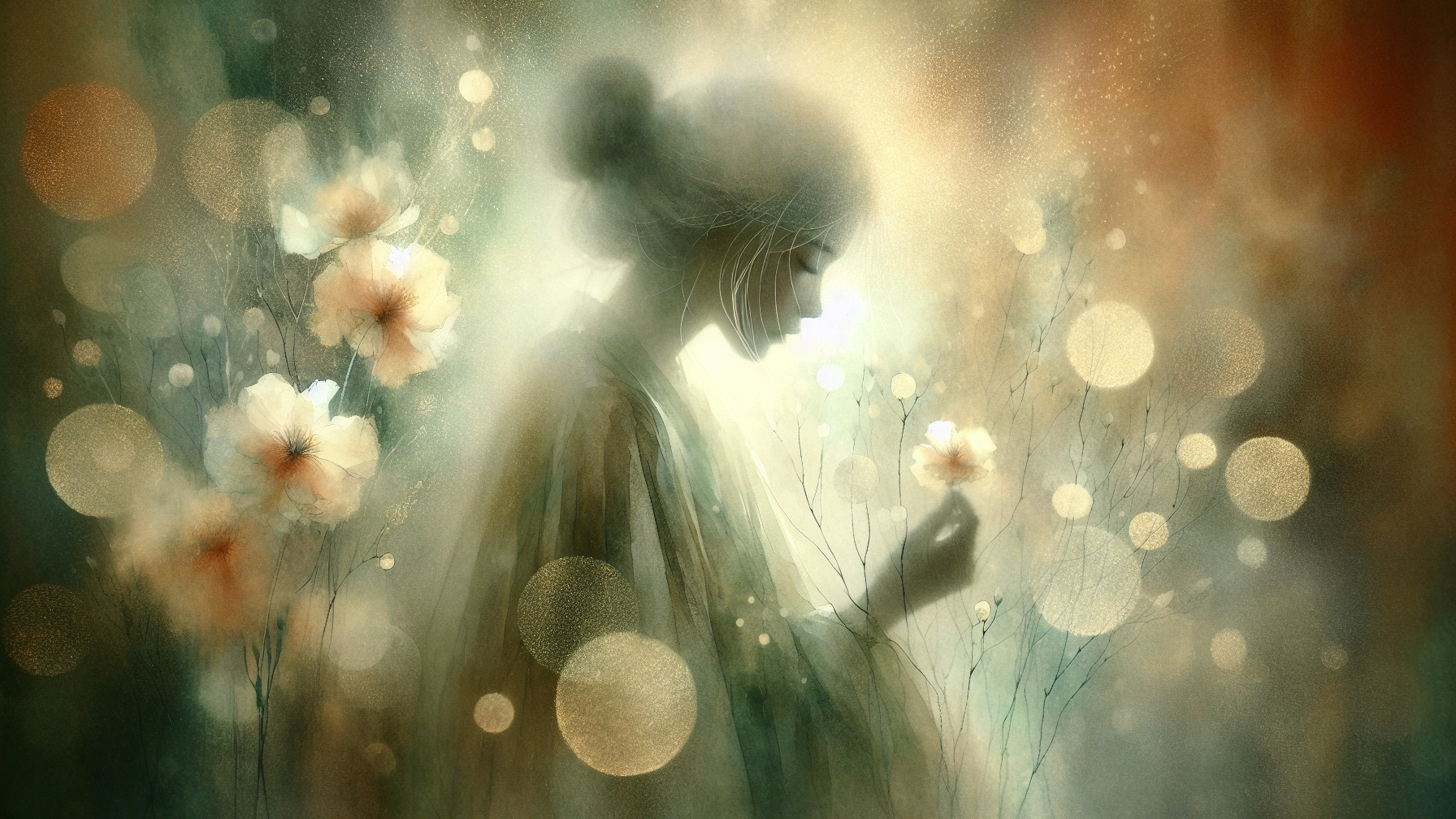 Silhouette of a woman with a flower in a dreamlike setting