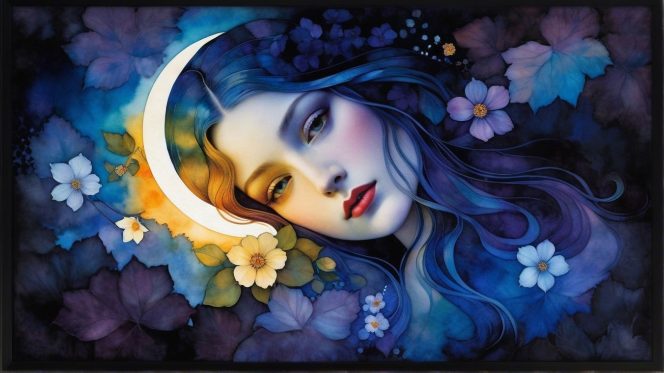 Serene Female Face with Blue and Purple Hair Art