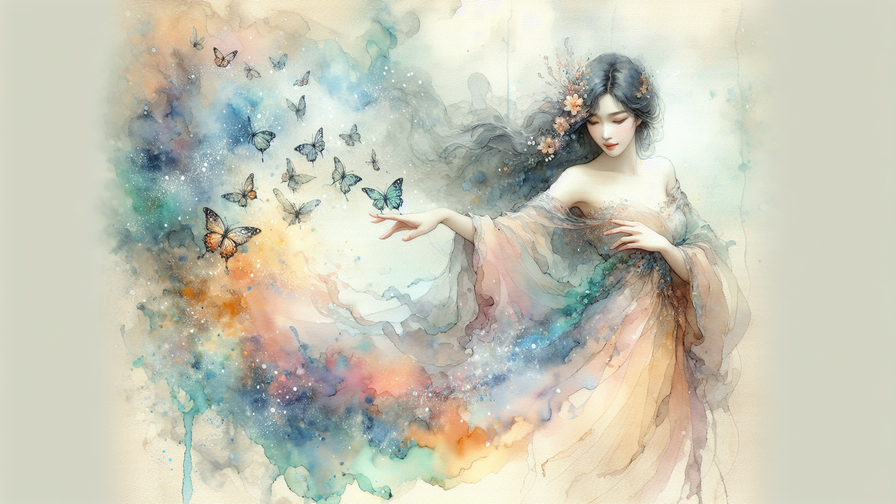 Ethereal Figure Surrounded by Colorful Butterflies