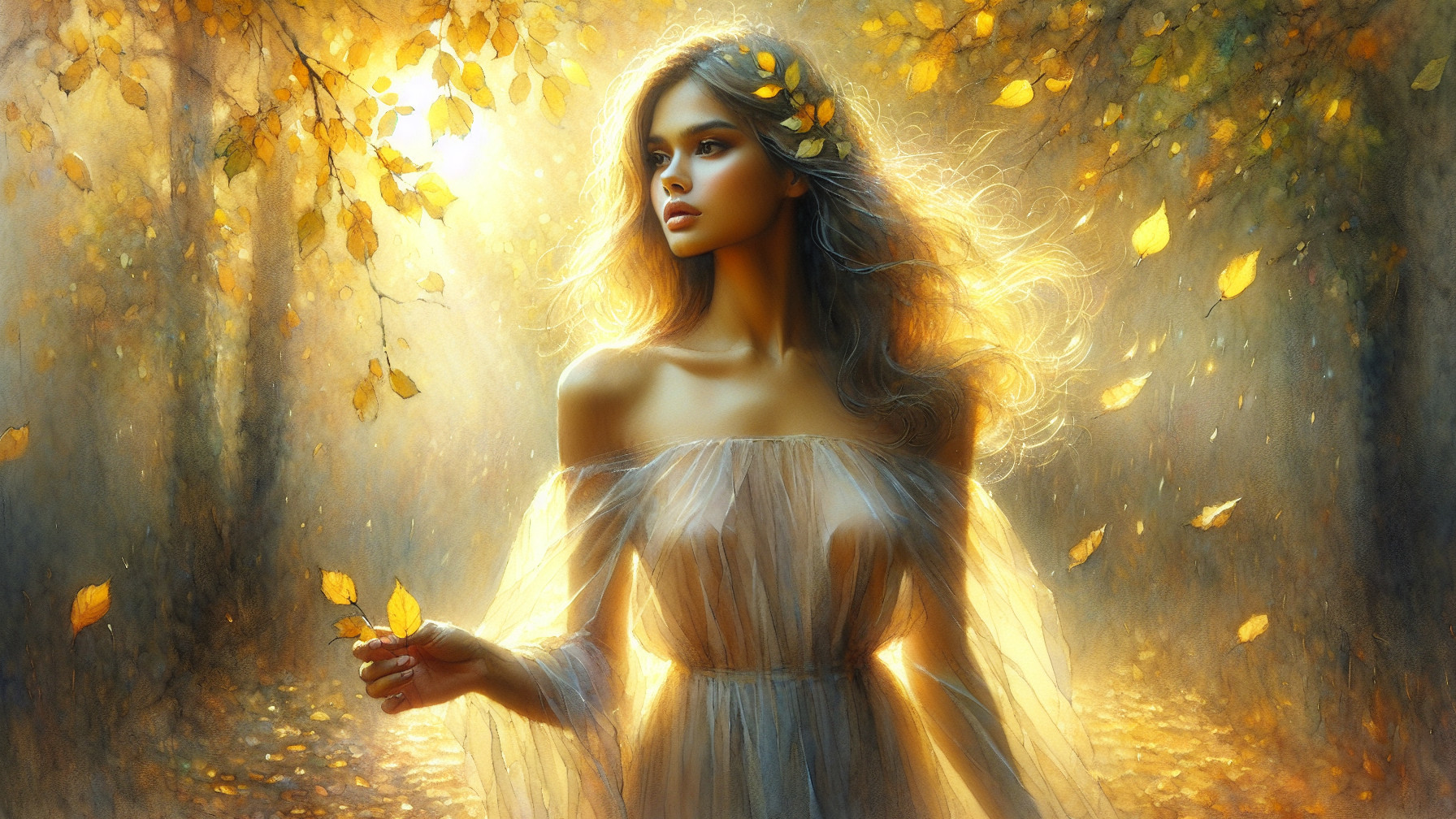 Young woman in a magical forest with autumn leaves
