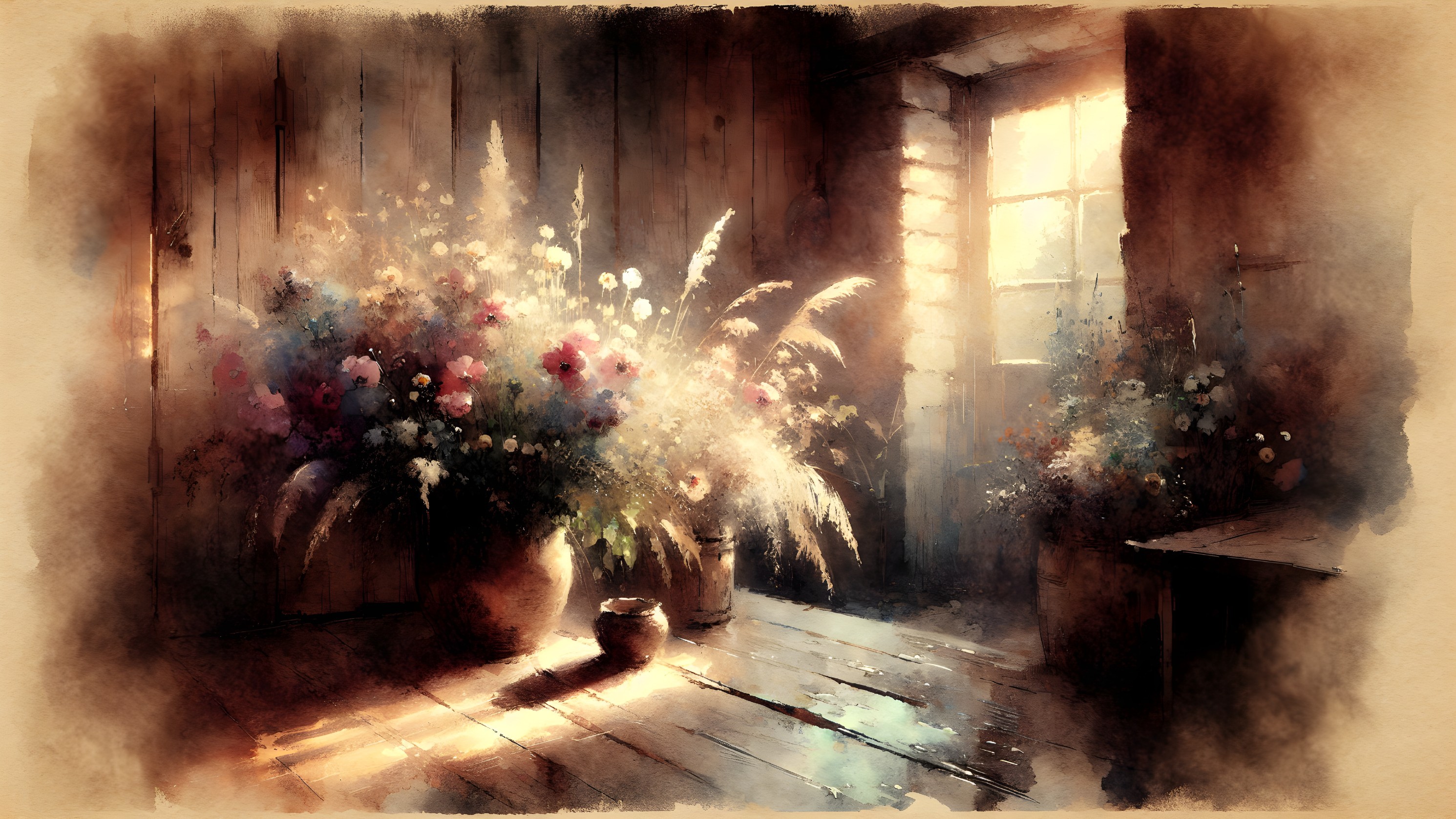 Sunlit Room with Colorful Flower Vase and Warm Tones