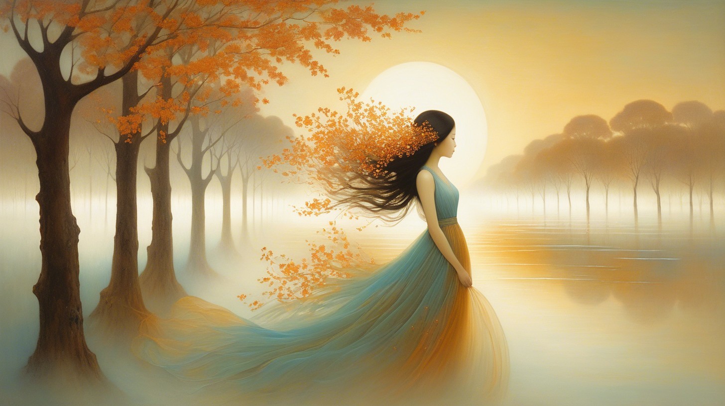 Woman by Tranquil Lake in Autumn Landscape