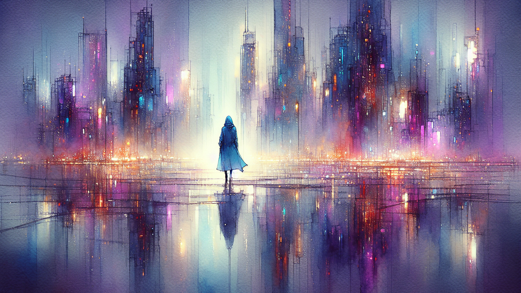 Hooded Figure Overlooking Colorful City Skyline