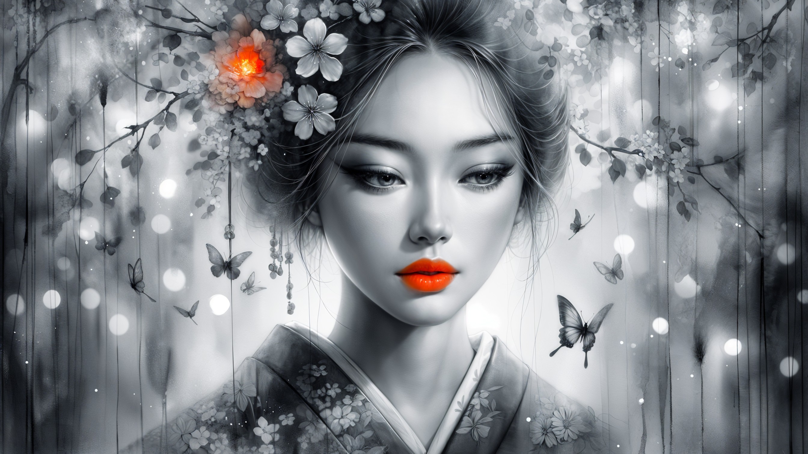 Monochrome Portrait of Woman with Flowers and Butterflies