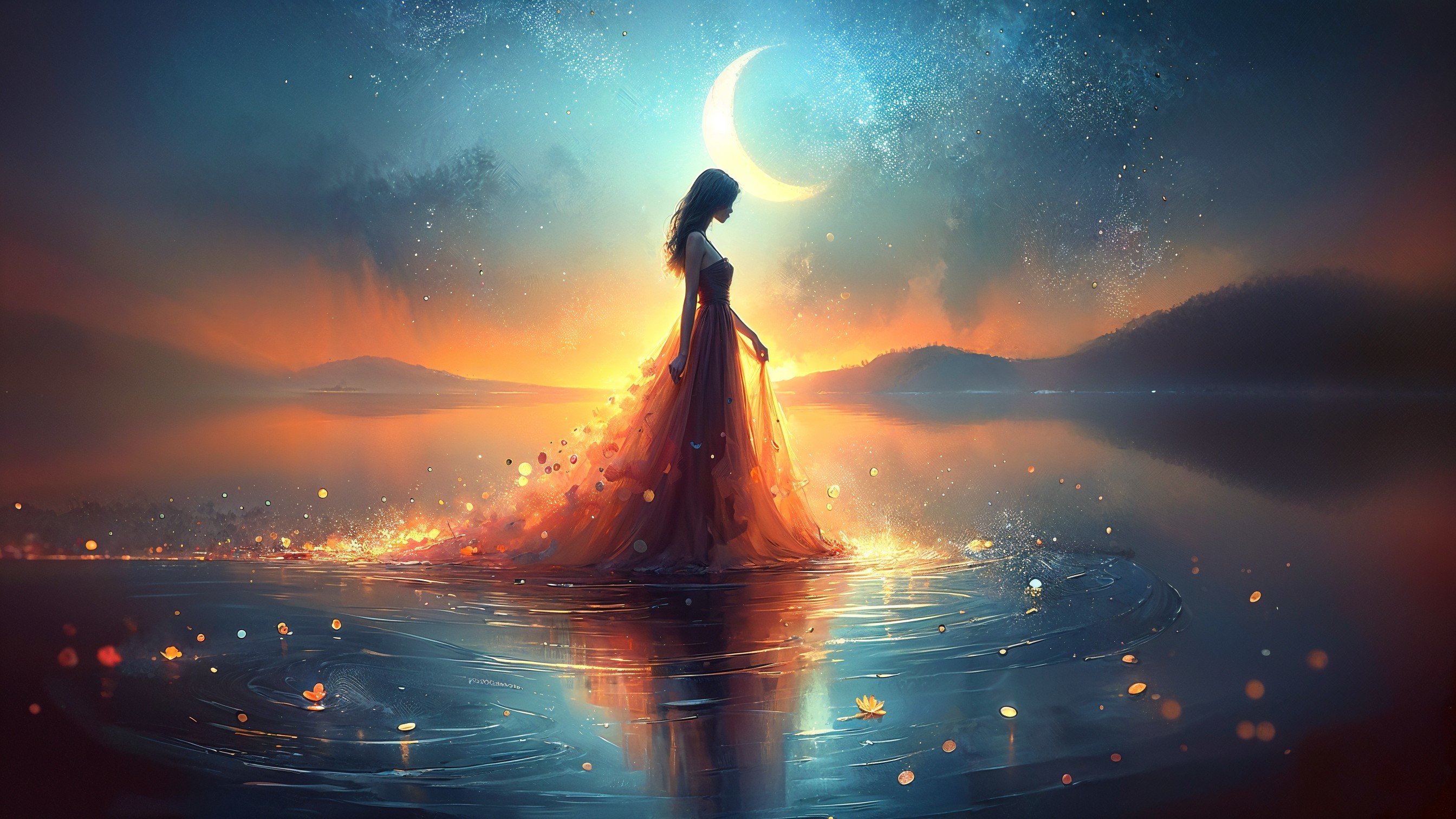 Serene Dusk Scene with Woman in Flowing Dress