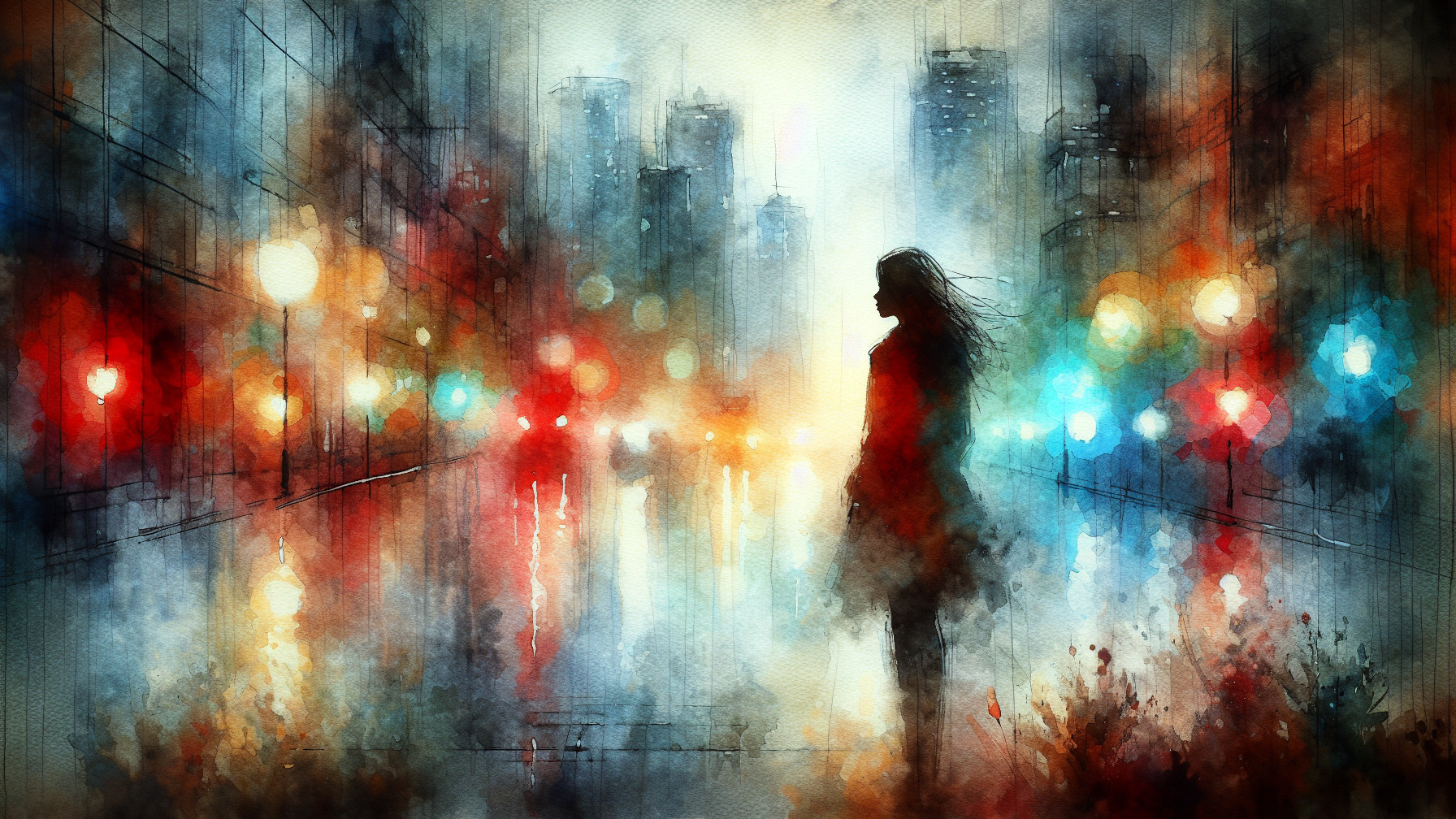 Abstract Watercolor of Solitary Figure in Cityscape