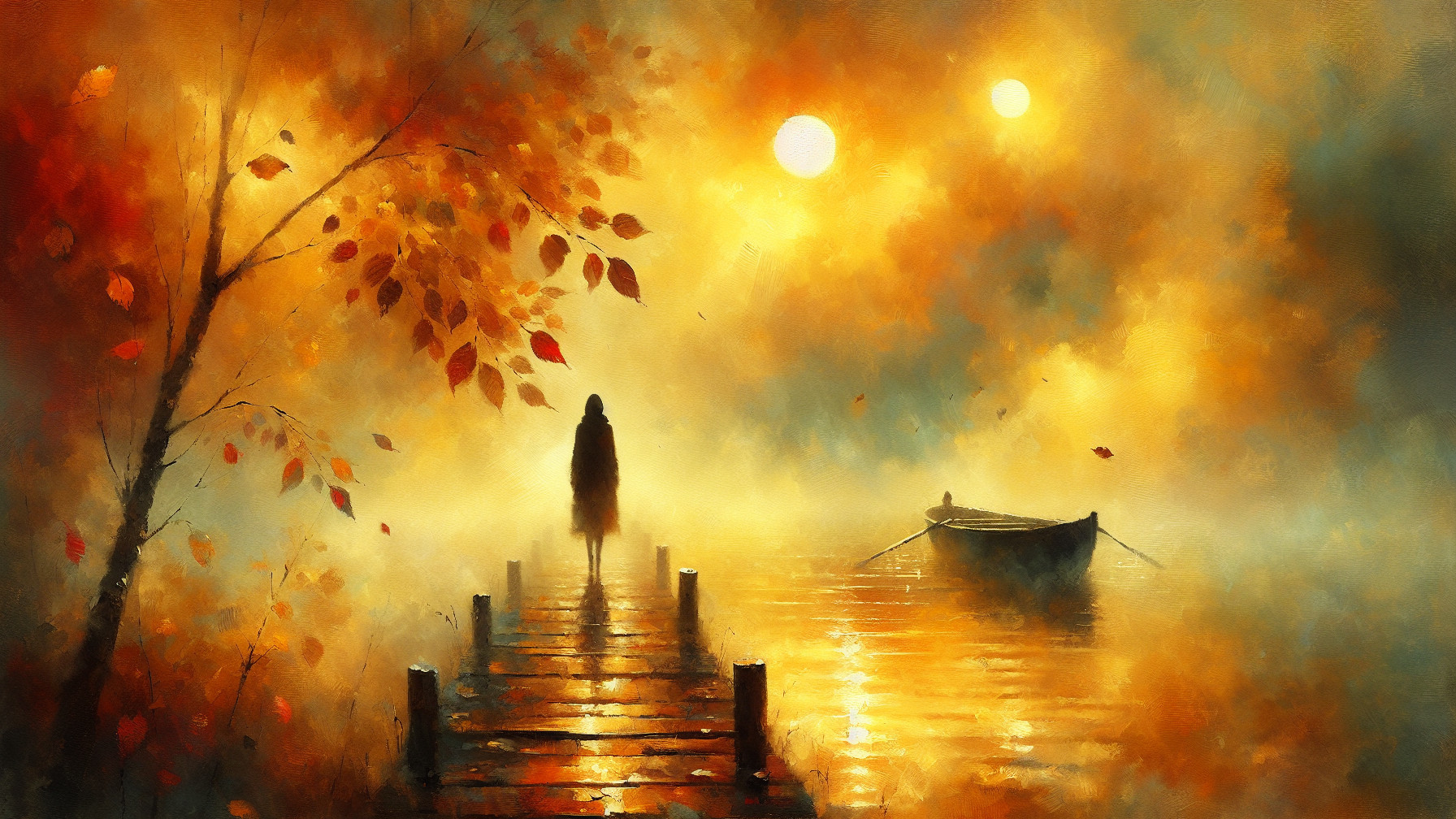 Serene Landscape with Misty Pier and Autumn Leaves