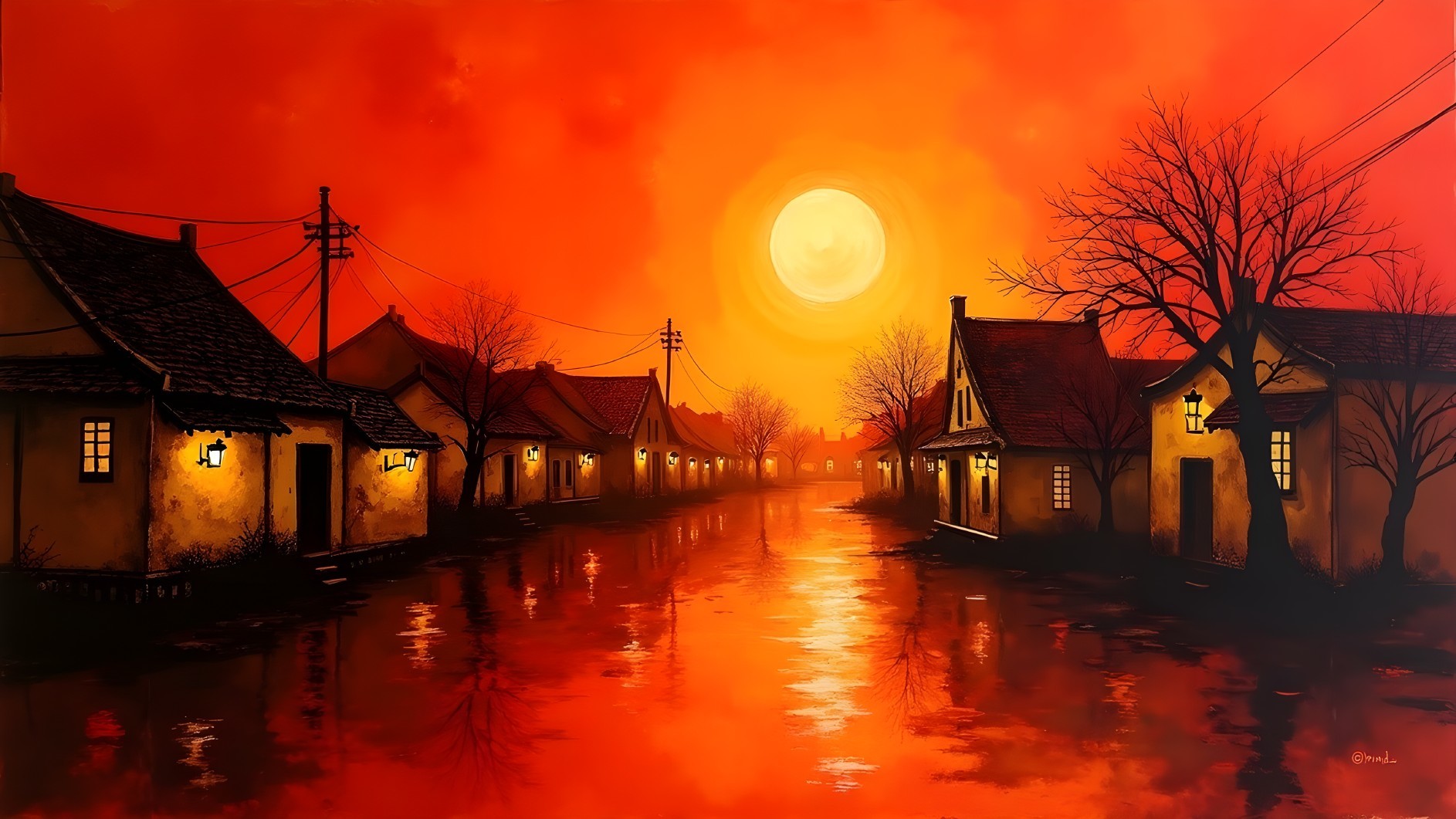 Serene Village at Dusk with Reflective Waterway