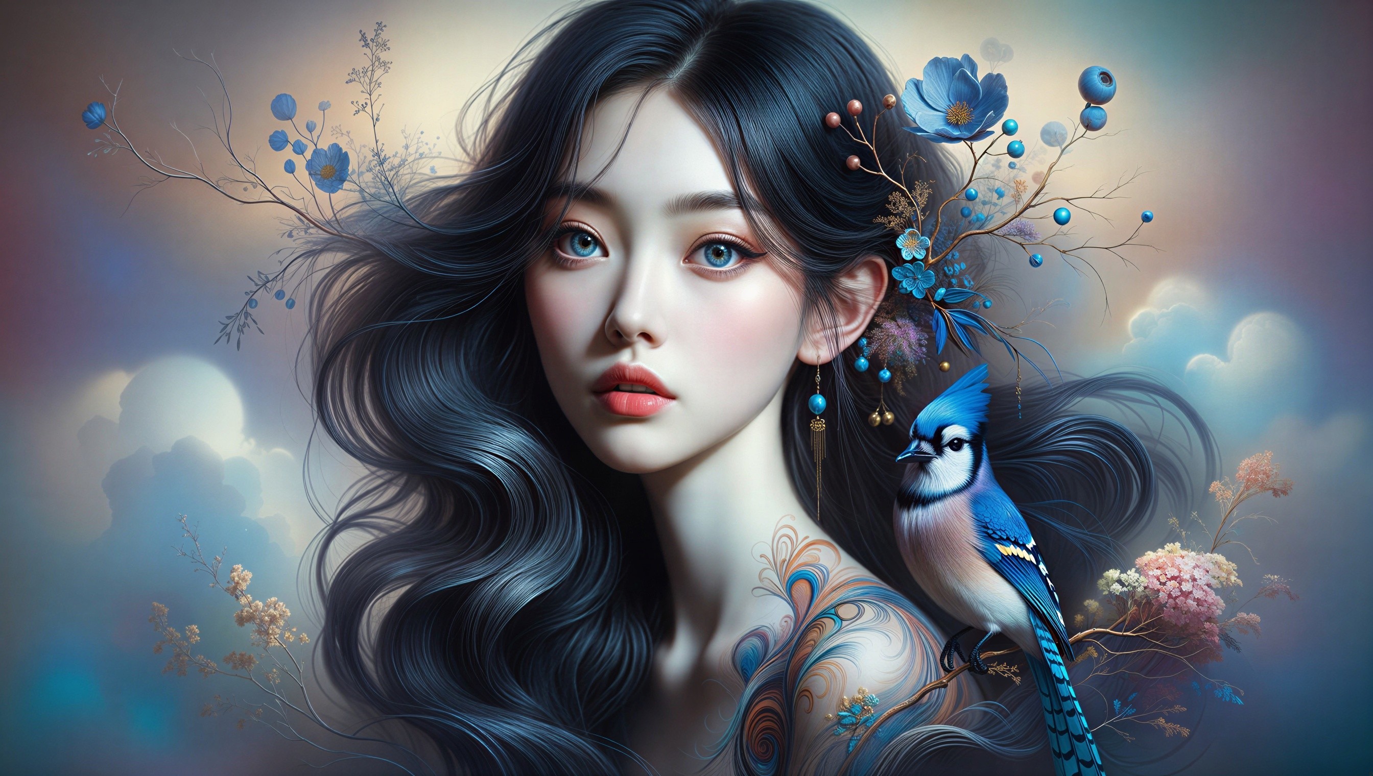 Serene Woman with Floral Designs and Blue Jay