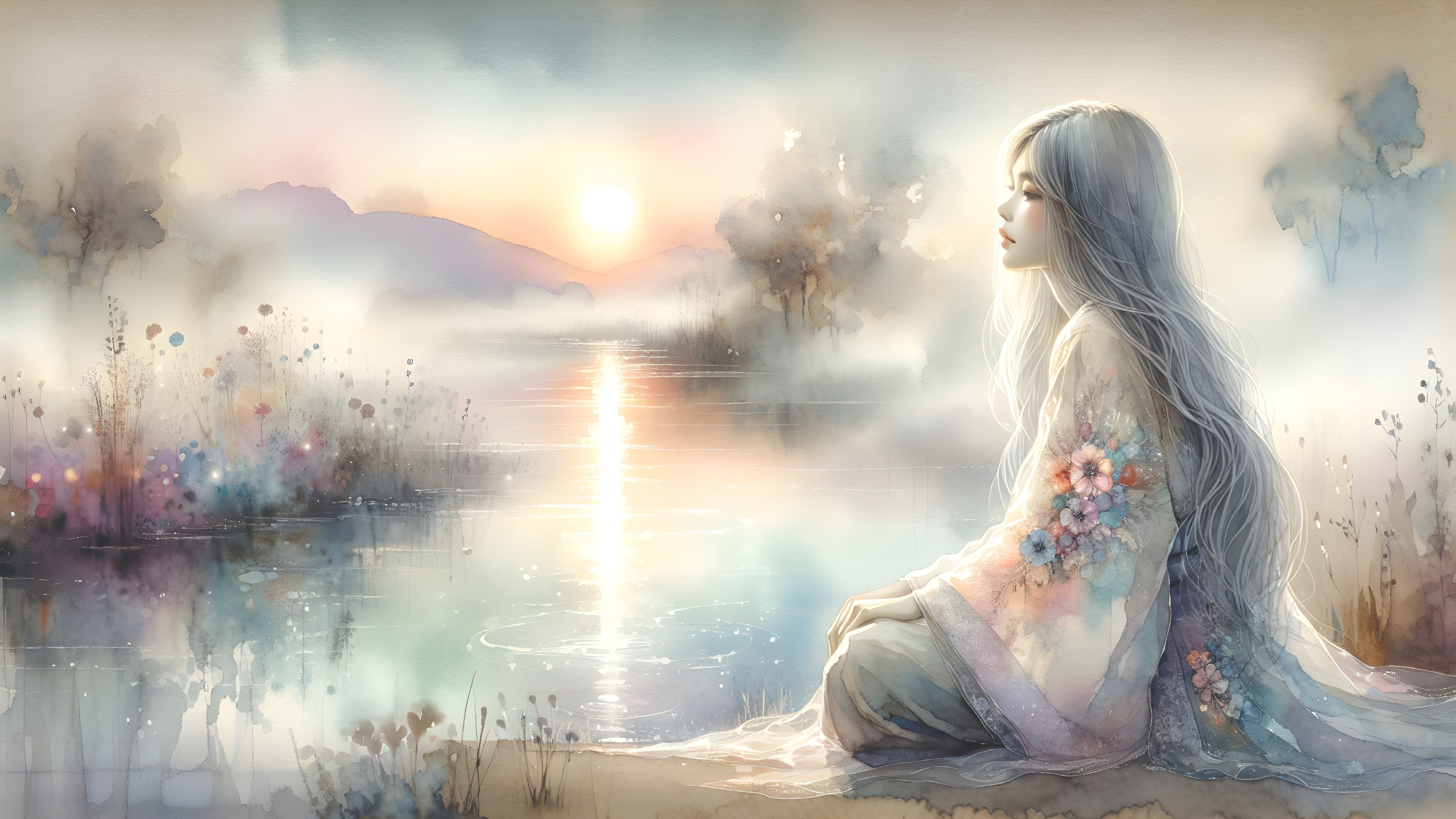 Young Woman by Tranquil Lake at Sunrise