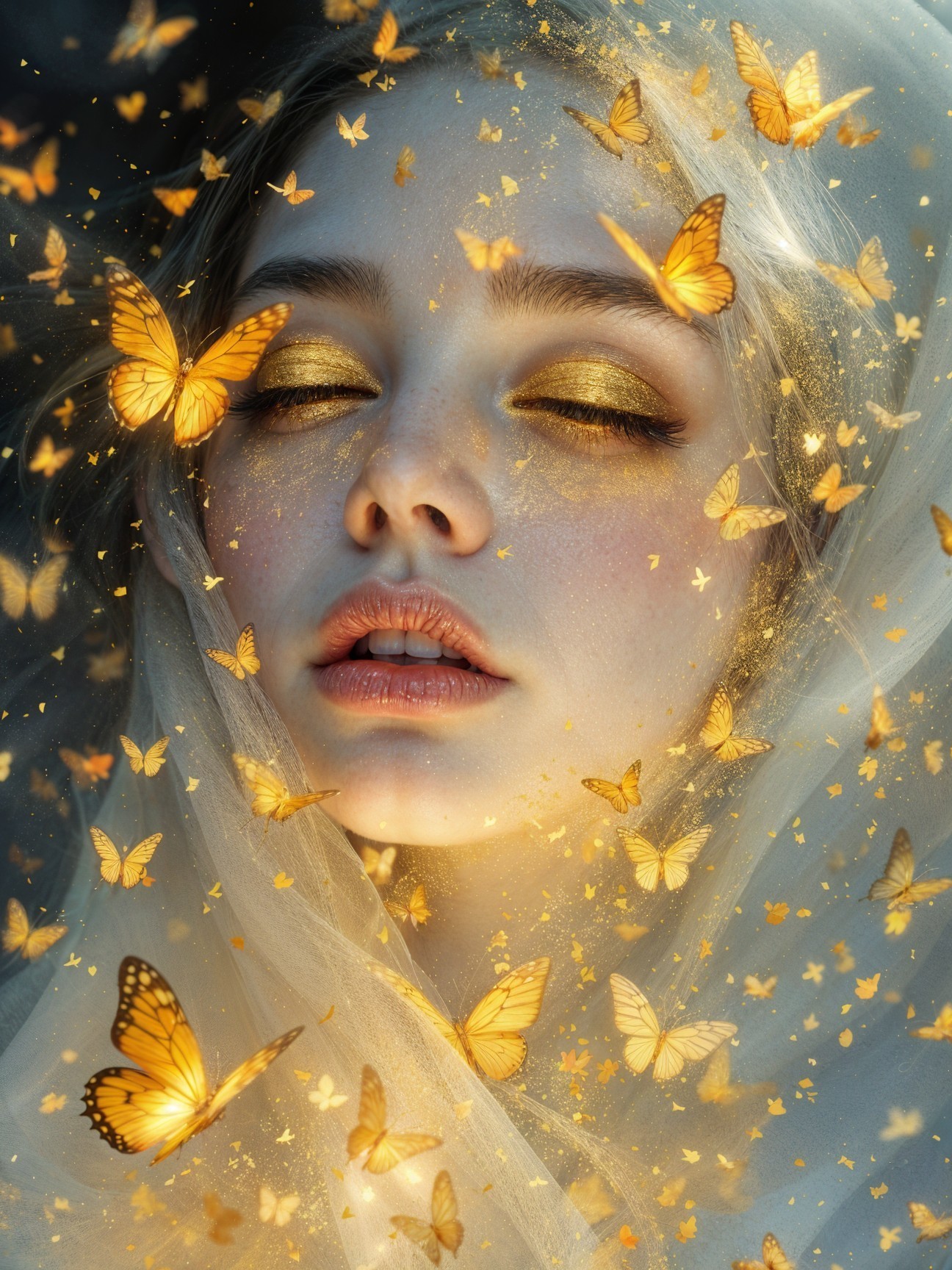 Serene portrait of a young woman with golden butterflies