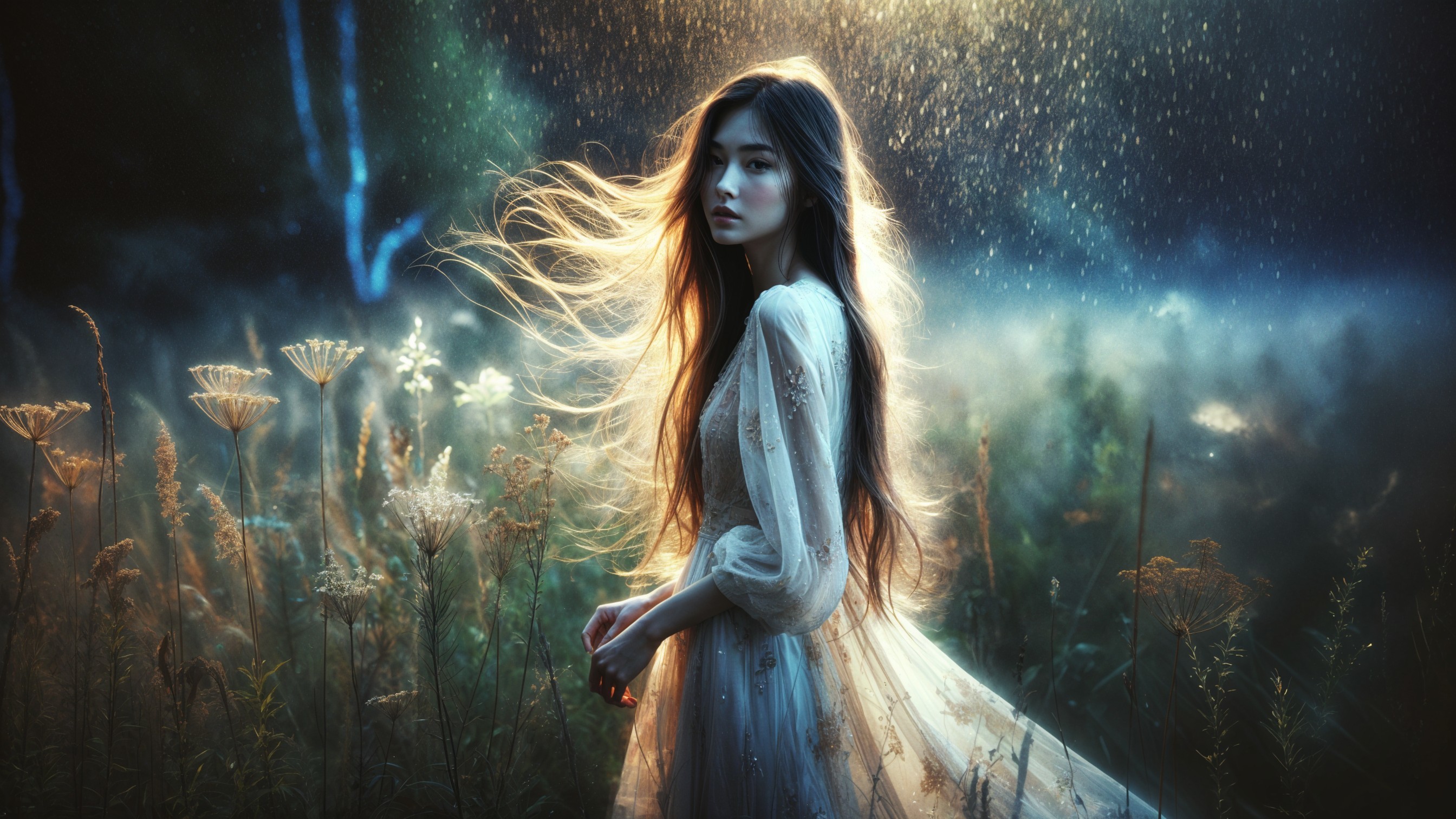 Young woman in a mystical forest with ethereal glow
