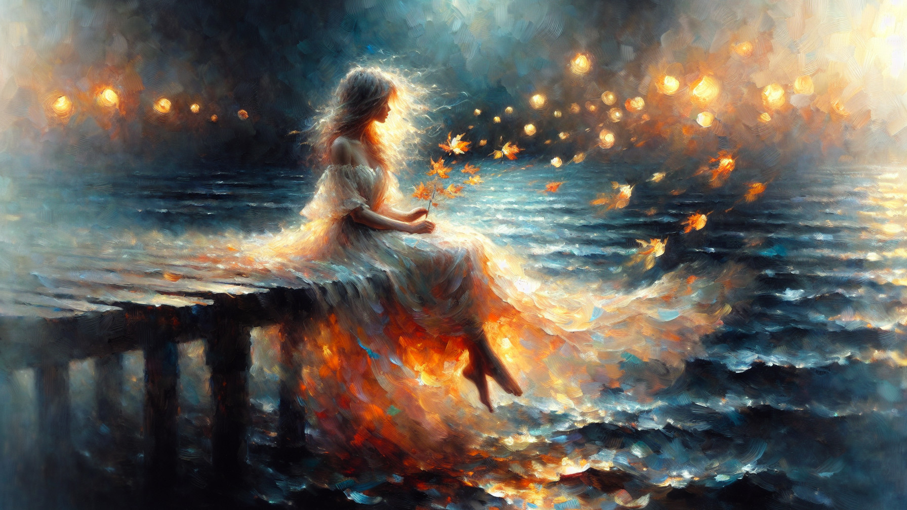 Woman in Ethereal Dress by Shimmering Water at Dusk