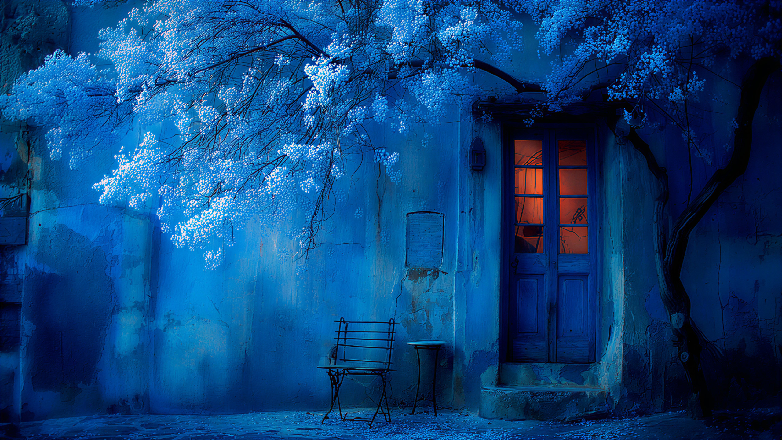 Moonlit Scene with Weathered Door and Blooming Tree