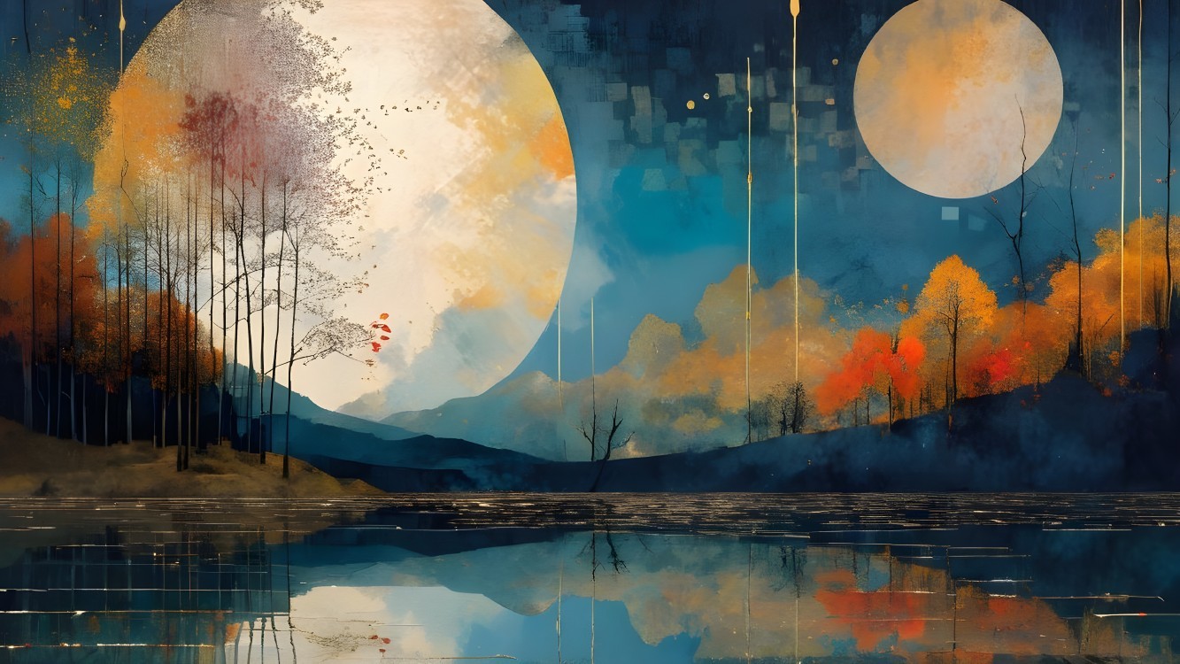Serene landscape with lake, trees, and dual moons