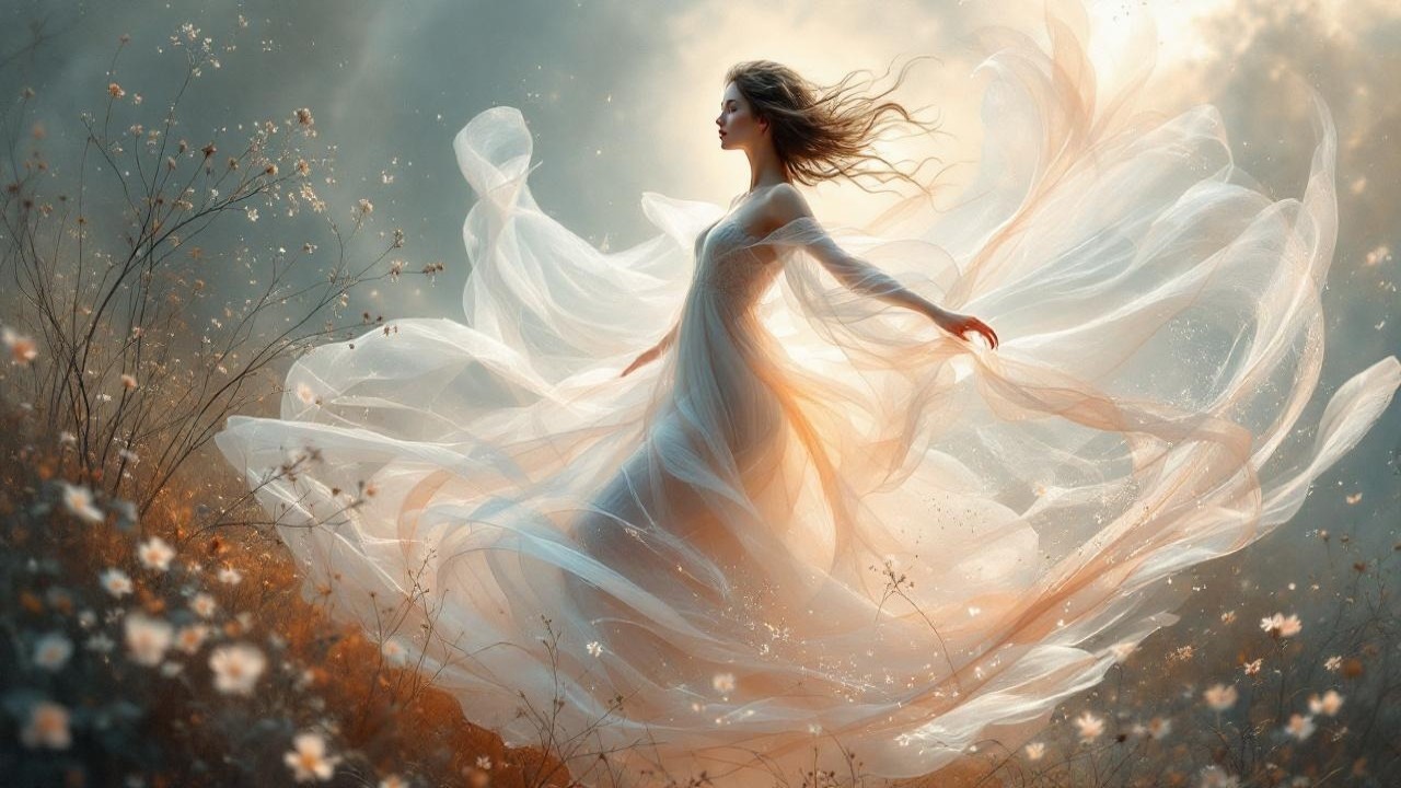 Ethereal Figure in Dreamy Landscape with Flowers