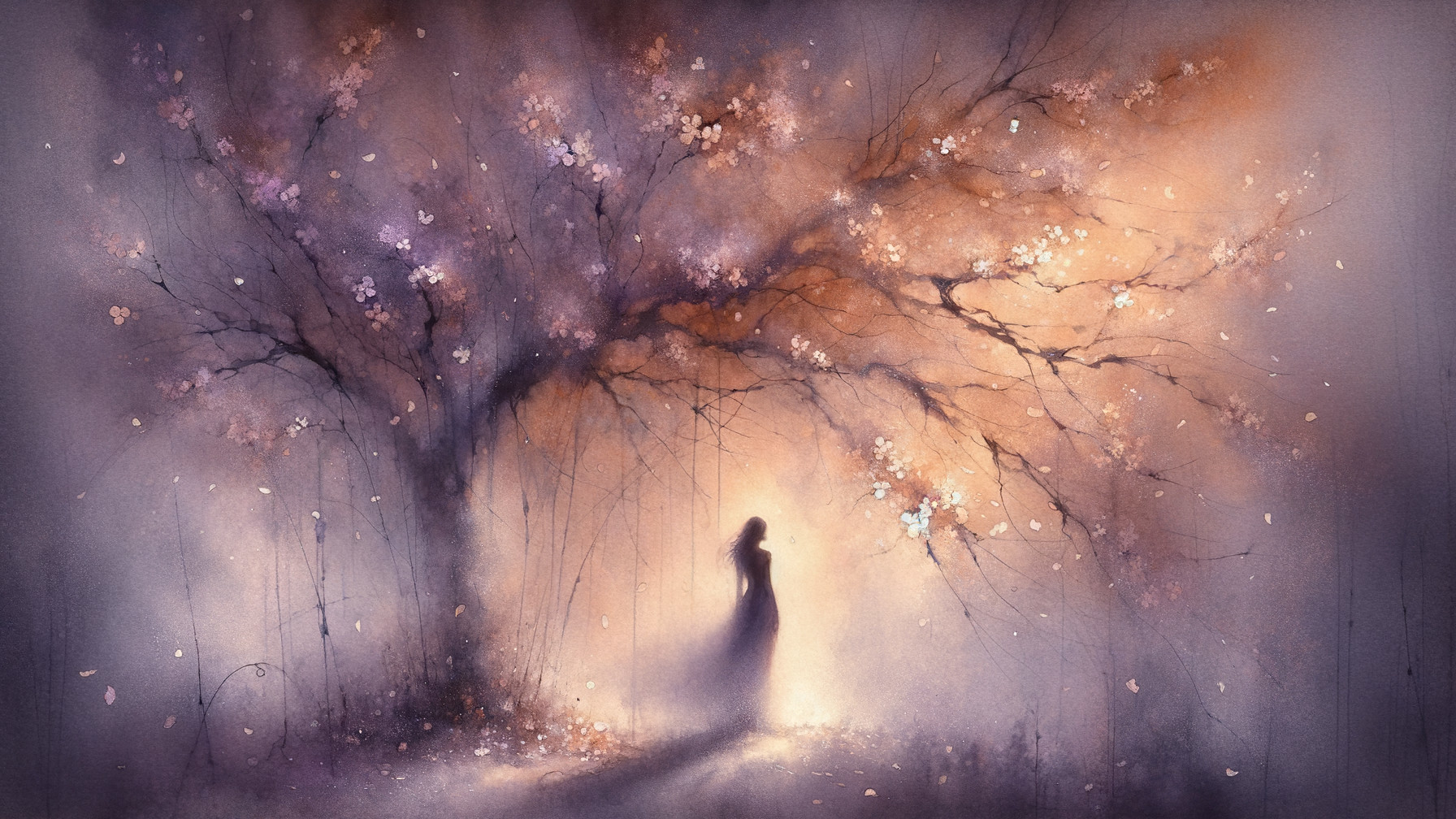 Dreamlike Landscape with Tree and Woman in Mist