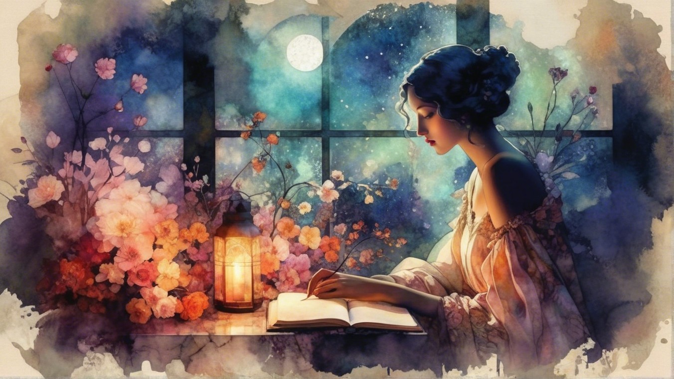 Moonlit Woman Writing by Window with Flowers and Stars