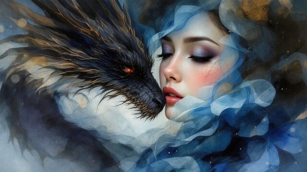 Fantasy Artwork of Woman and Black Dragon Connection