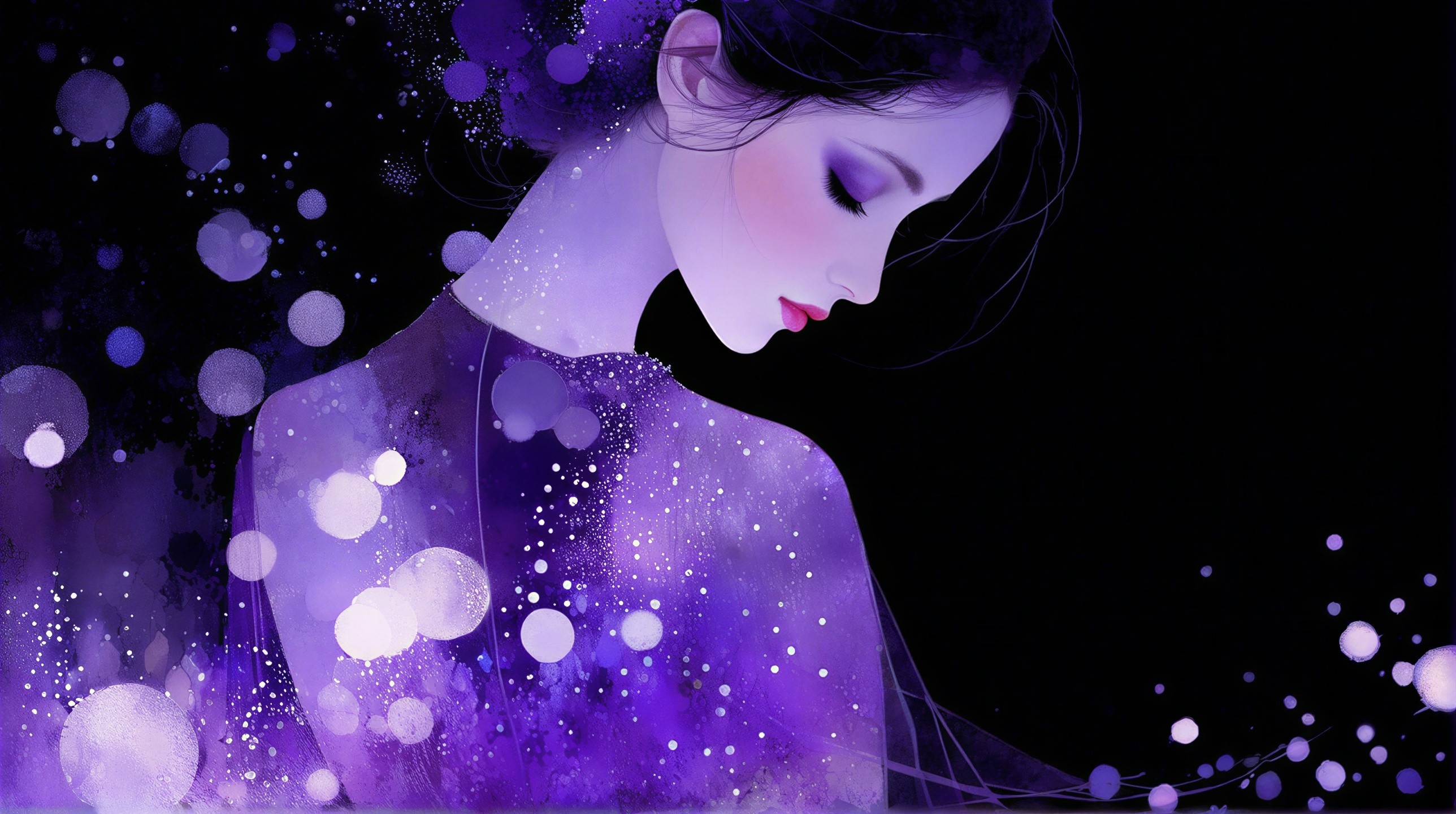 Profile of a woman in flowing purple hues against black