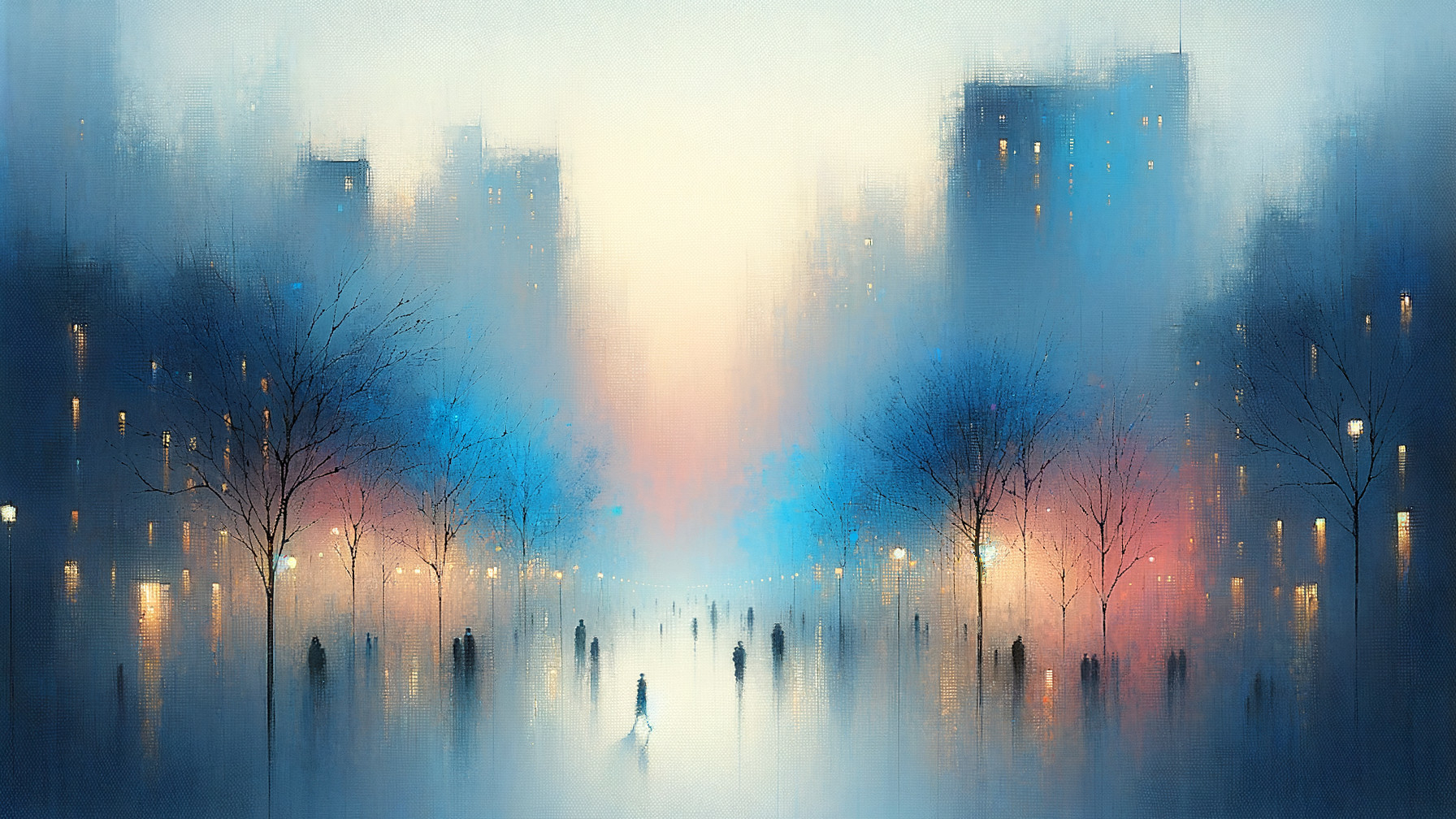 Misty Urban Scene at Dusk with Soft Blues and Oranges