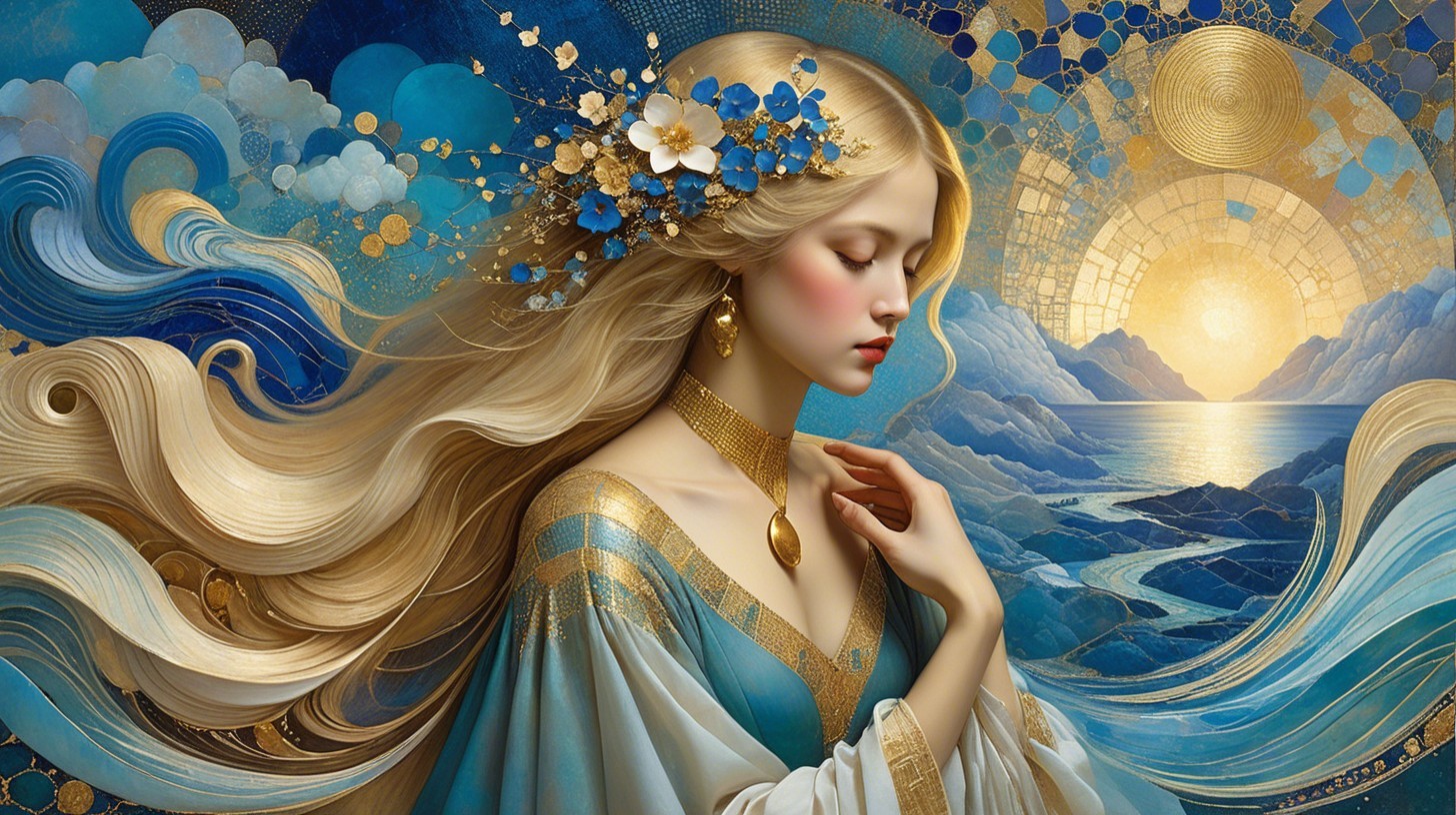 Serene Woman in Elegant Blue and Gold Landscape