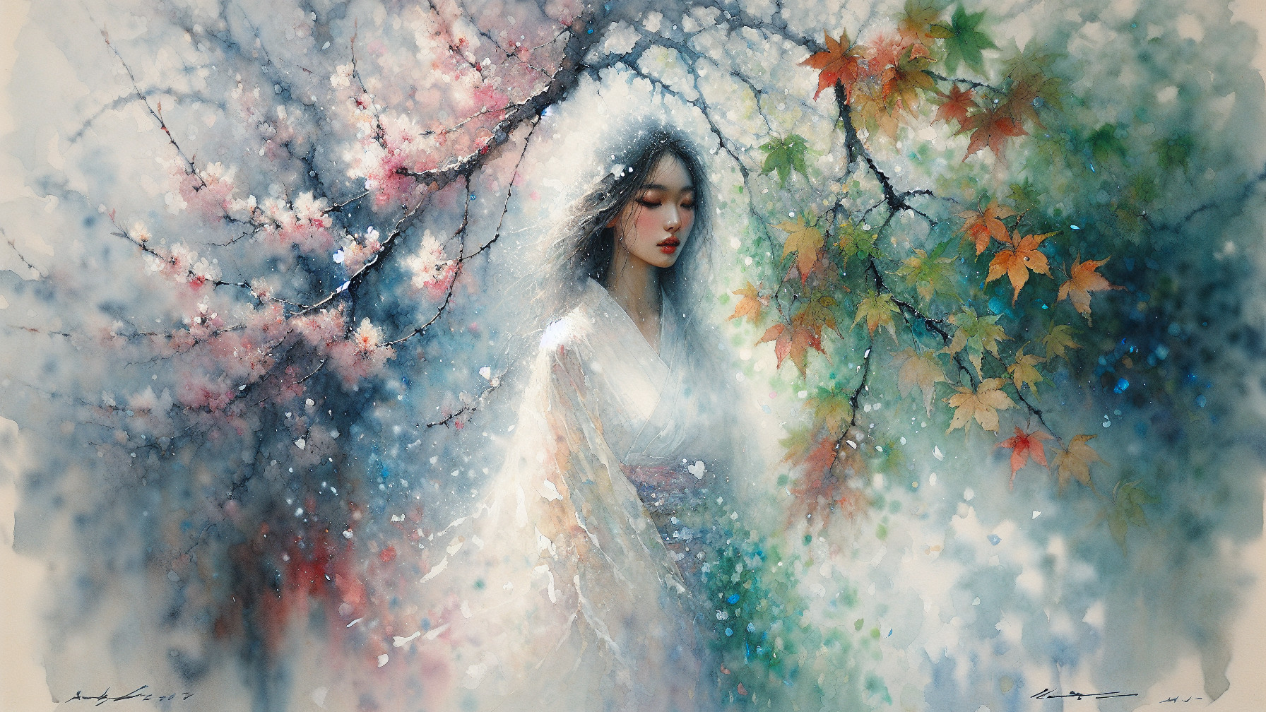 Ethereal Woman in Dreamy Landscape with Cherry Blossoms