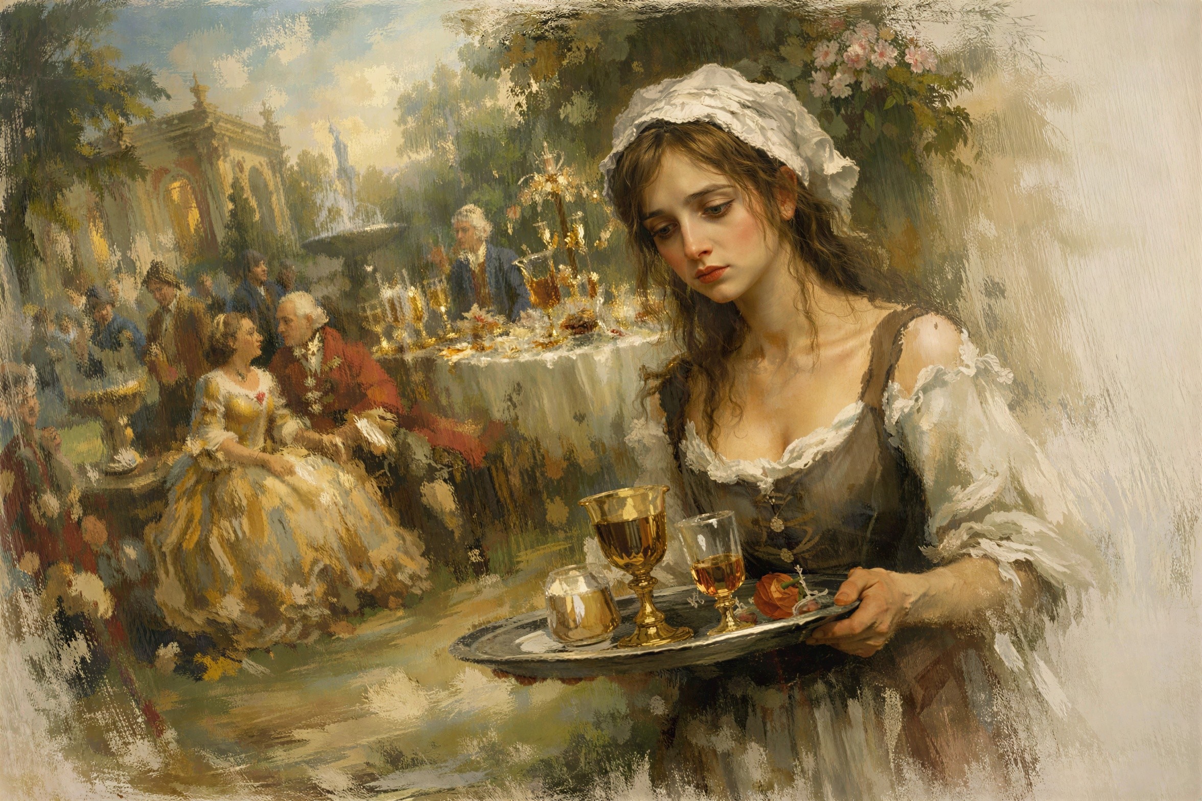 Young Woman with Tray at Garden Party Scene