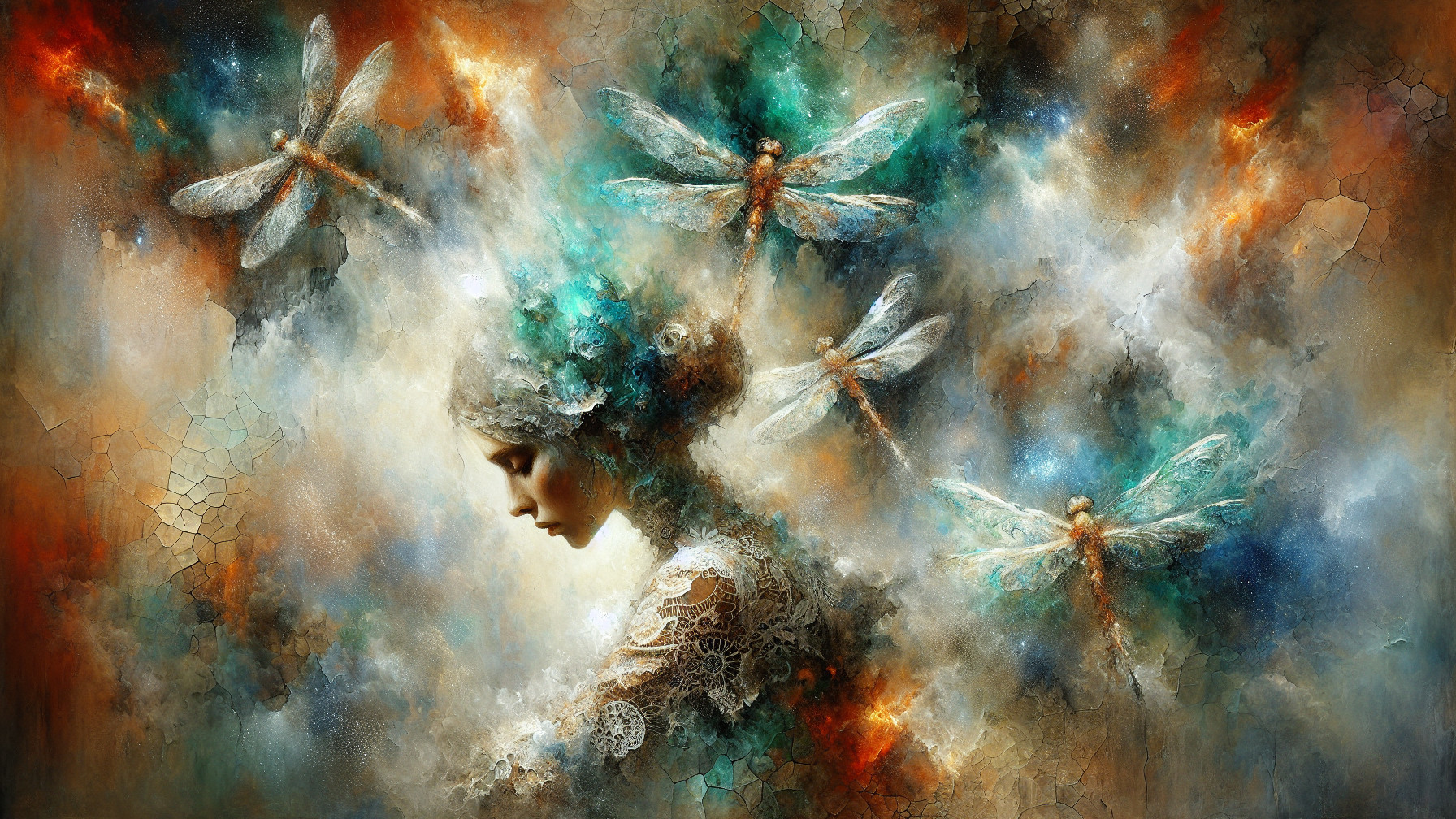 Surreal Scene of Woman with Lace and Cosmic Colors