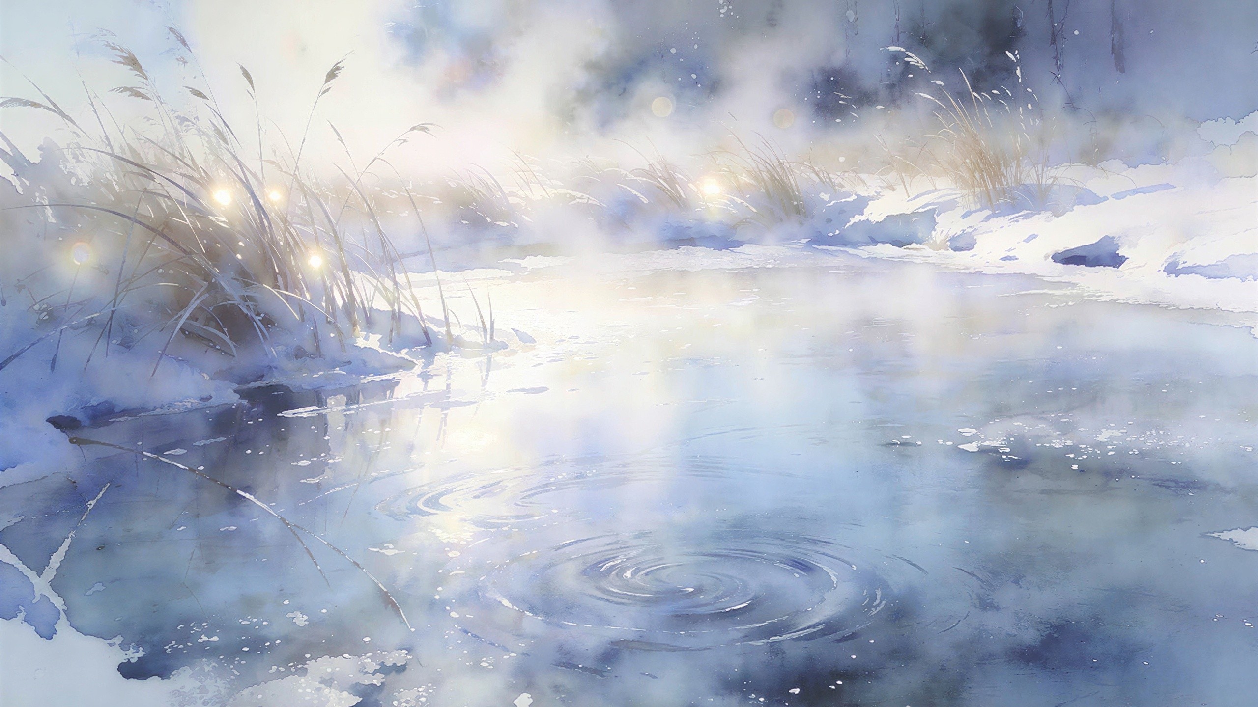 Misty Winter Landscape with Water and Ethereal Lights