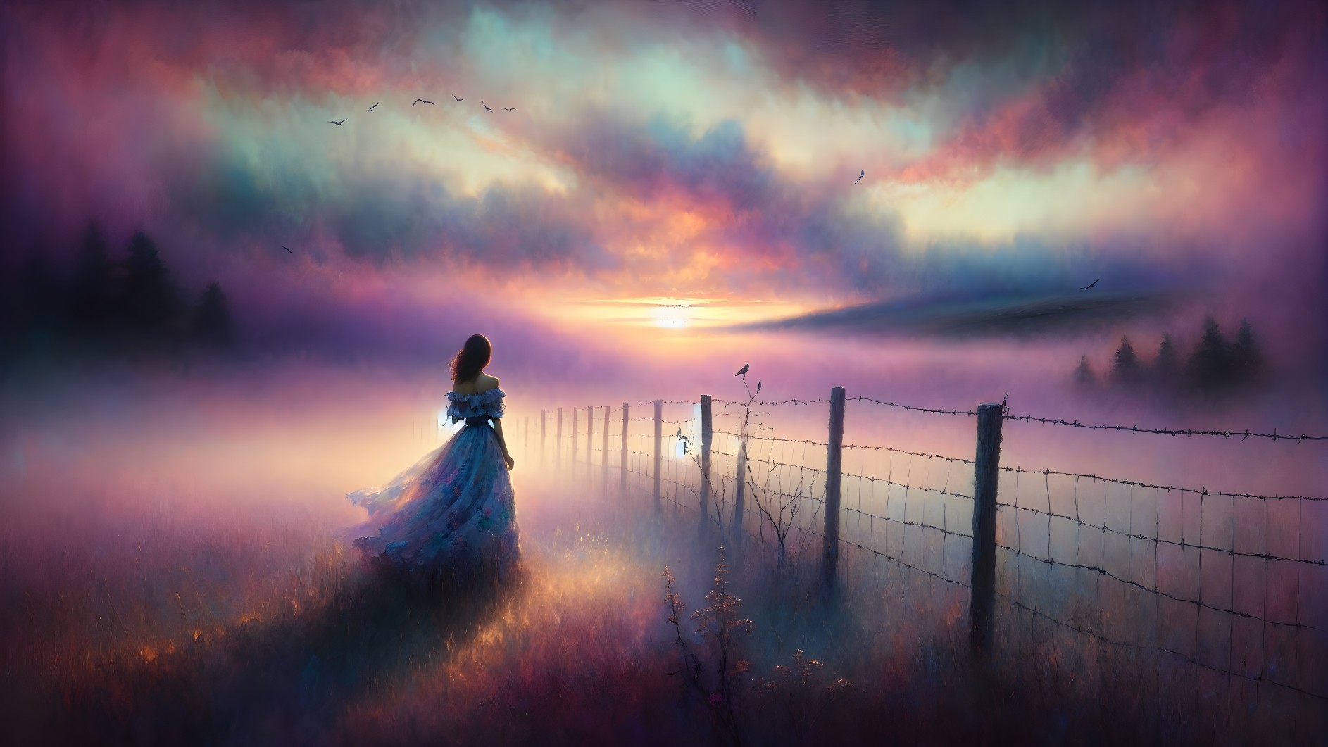 Woman in gown by fence at vibrant sunset scene