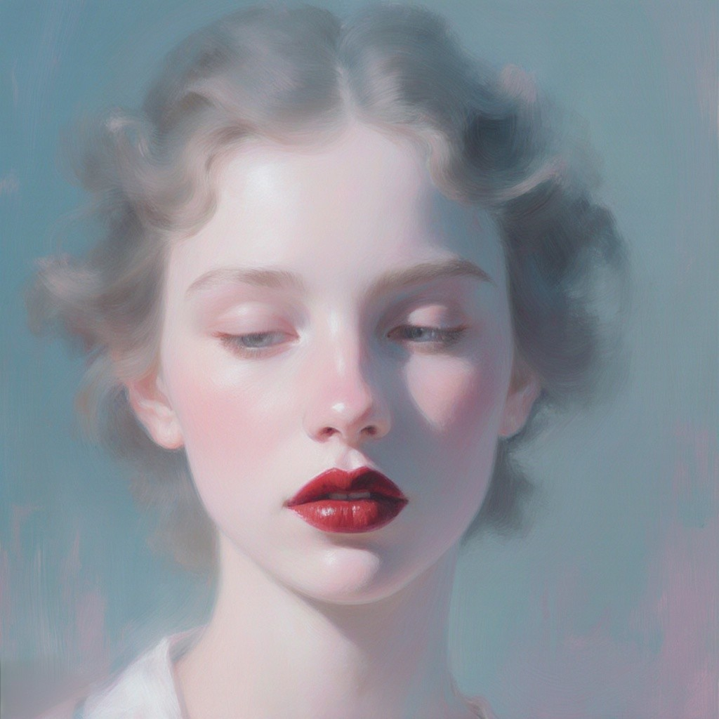 Young Woman with Wavy Hair and Serene Expression