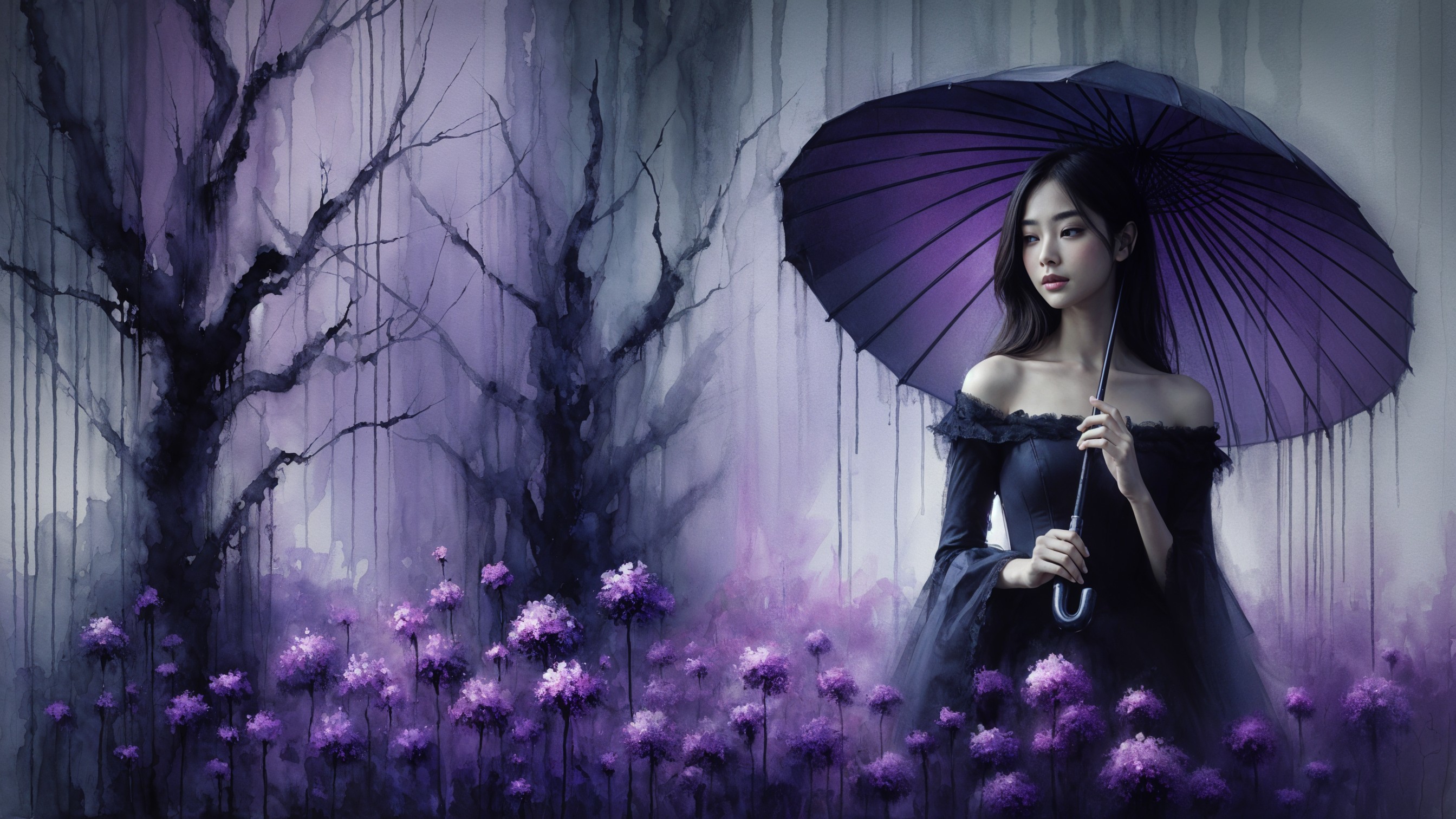 Young Woman in Black Gown Under Purple Umbrella