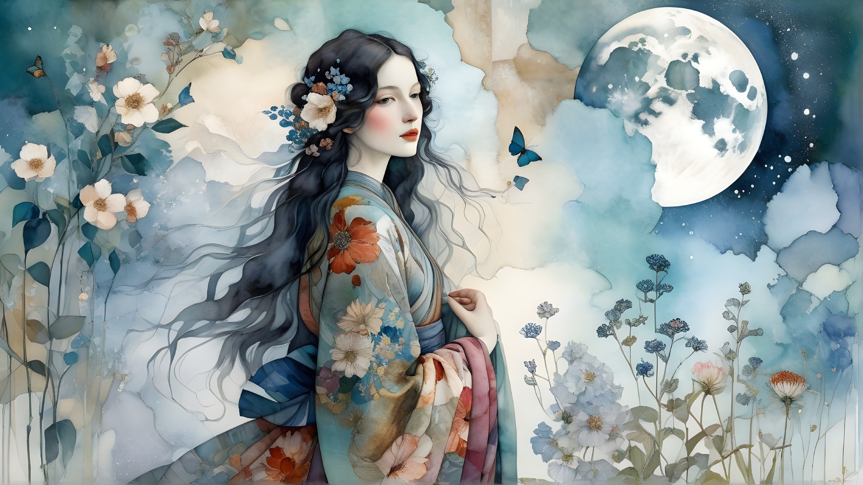 Serene woman in vibrant kimono in dreamy landscape