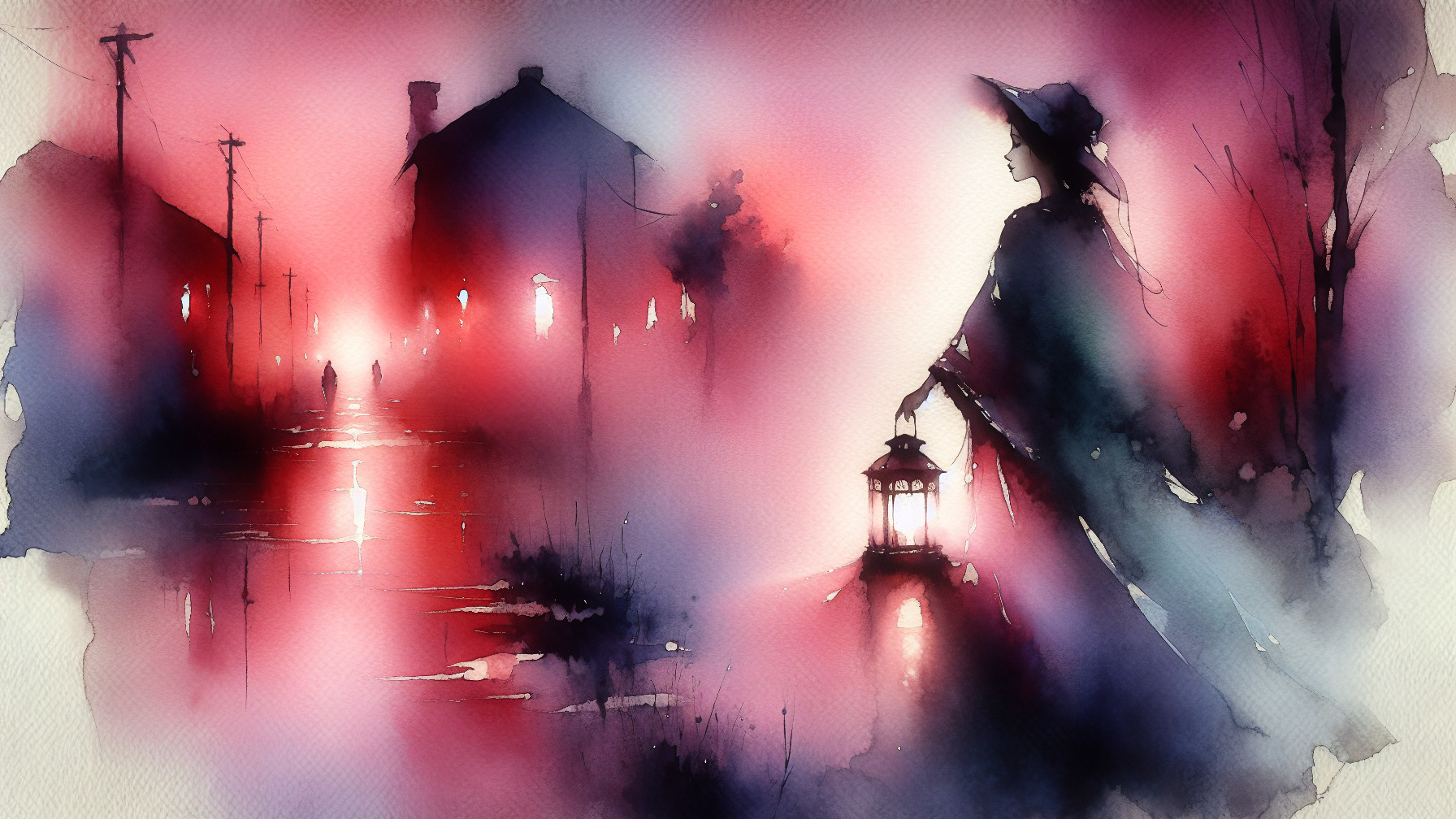 Dreamy Watercolor Scene with Cloaked Figure and Lantern