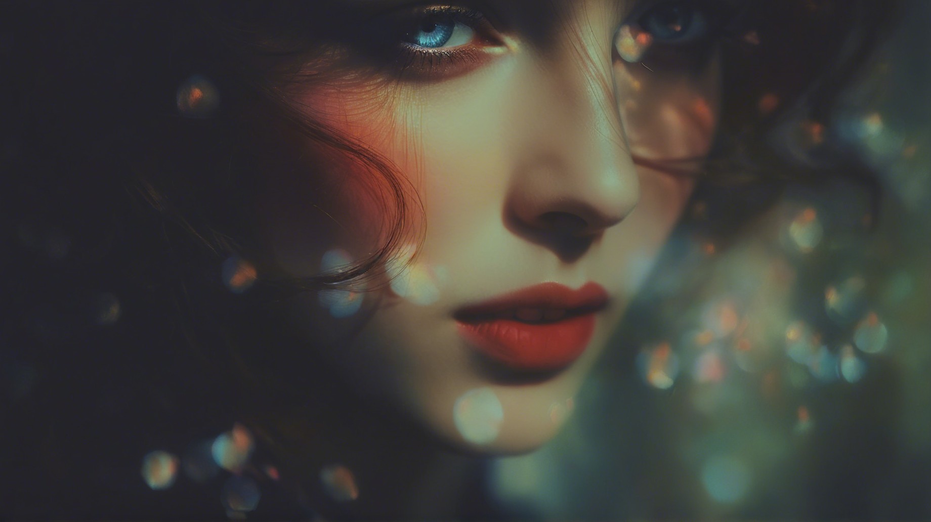 Portrait of a Woman with Blue Eyes and Red Lips