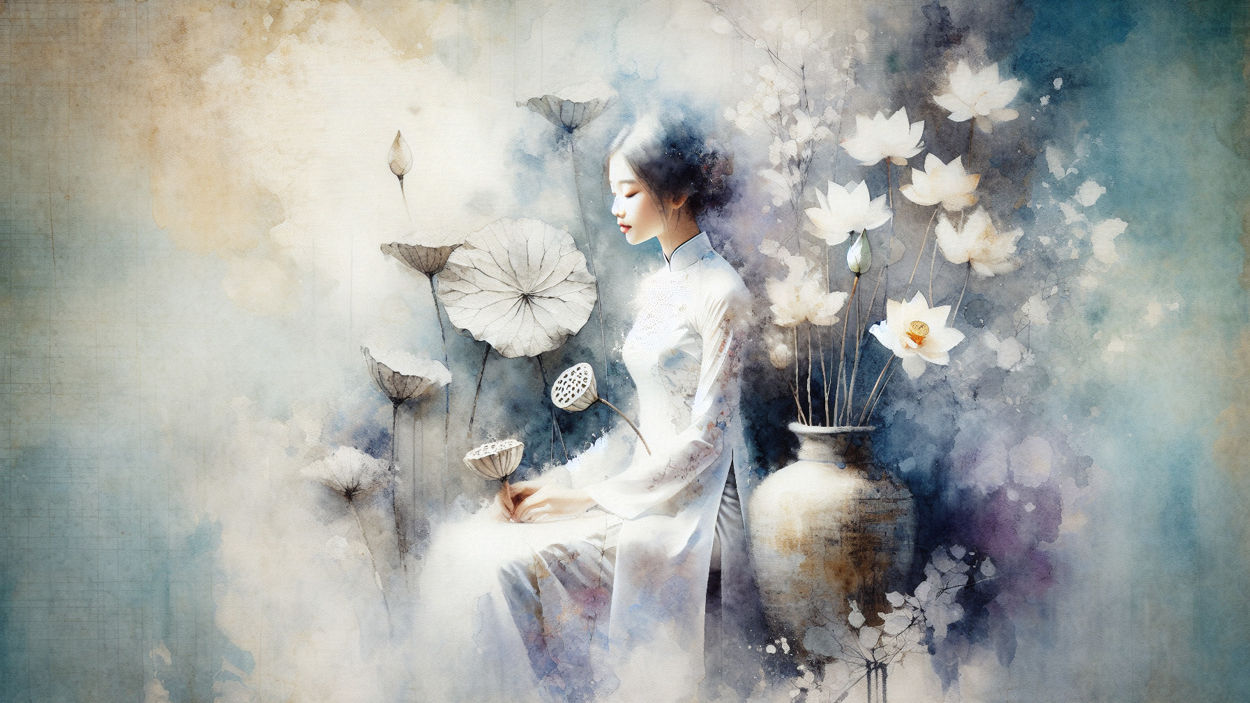 Young Woman in Traditional Attire Among Lotus Flowers