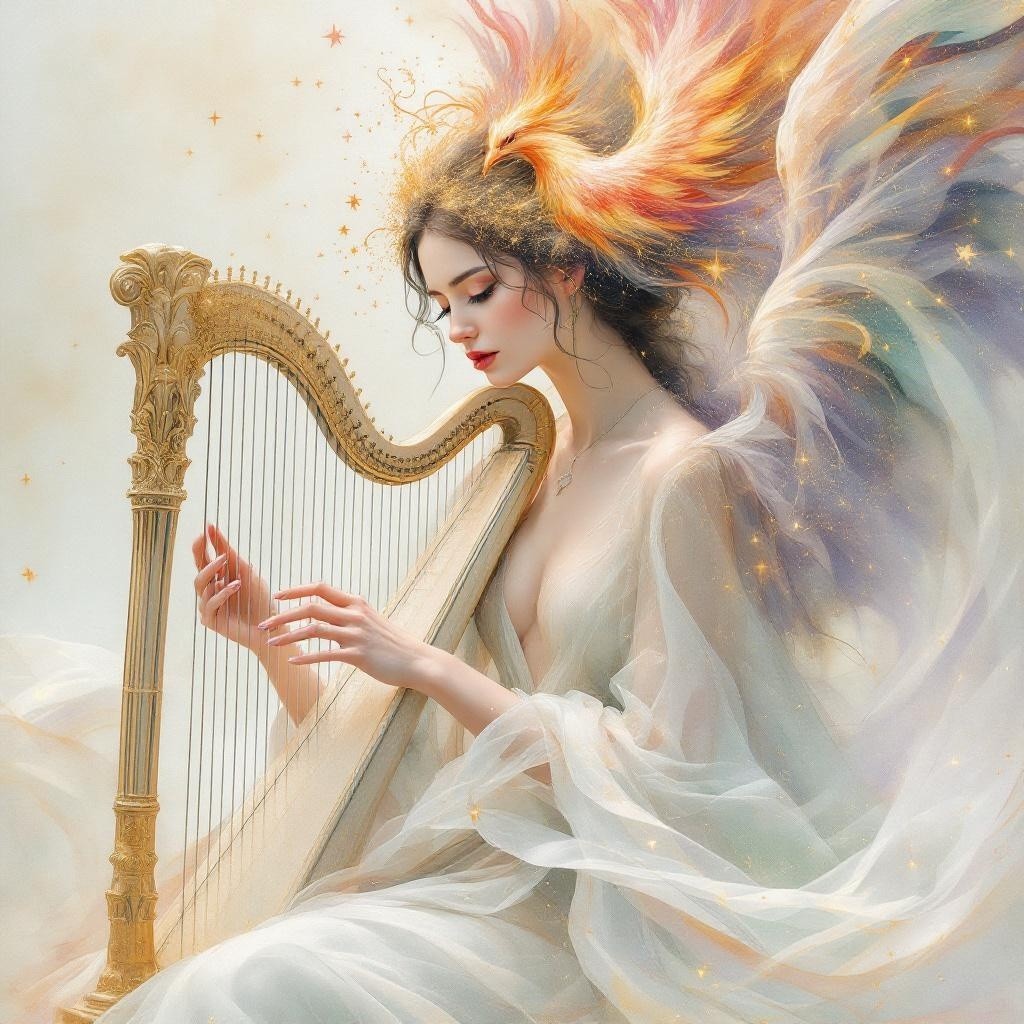 Elegant Woman Playing Harp in Dreamlike Setting